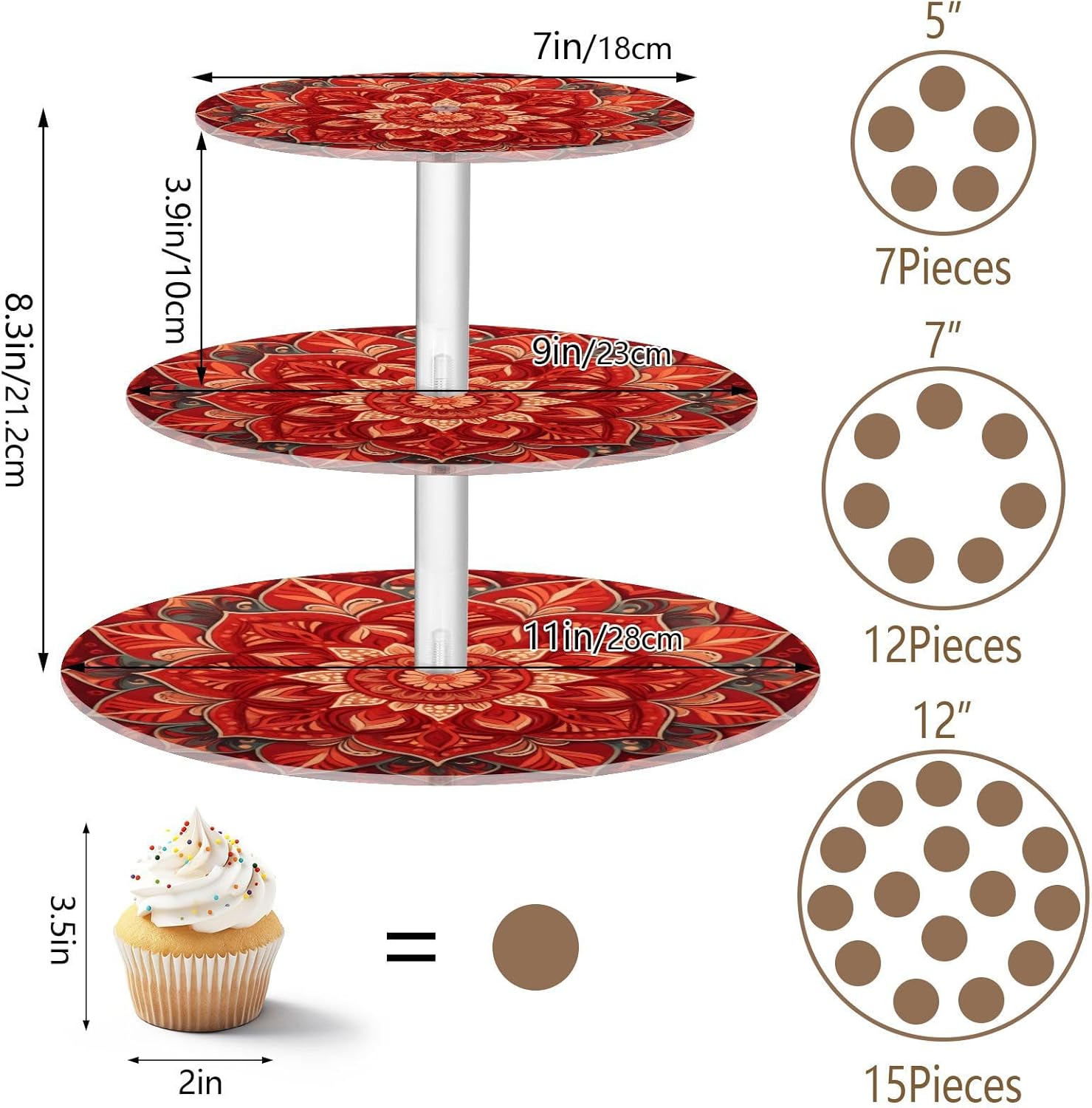 Mandala Pattern Red Cupcake Stand 3-Tier Round Acrylic Cupcake Tower Dessert Display Stand for Parties, Wedding, Birthday, 8.3" x 11", Transparent