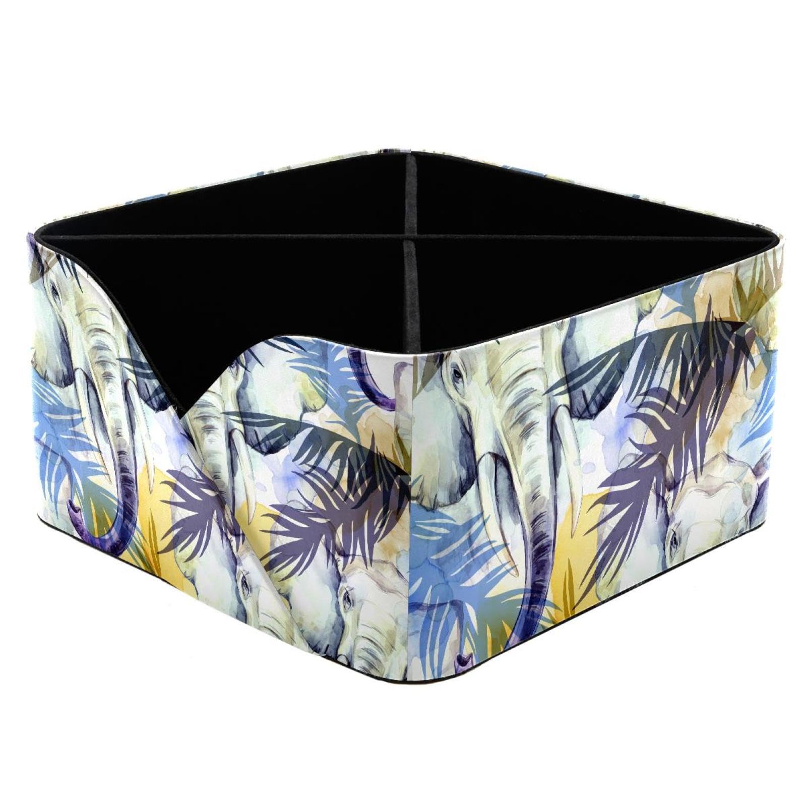 KengjuTesu African Elephants with Colorful Tropical Leaves Pattern Desktop Organizer Pen Holder, Rectangular Pencil Cup for Office, Study and Makeup Stations