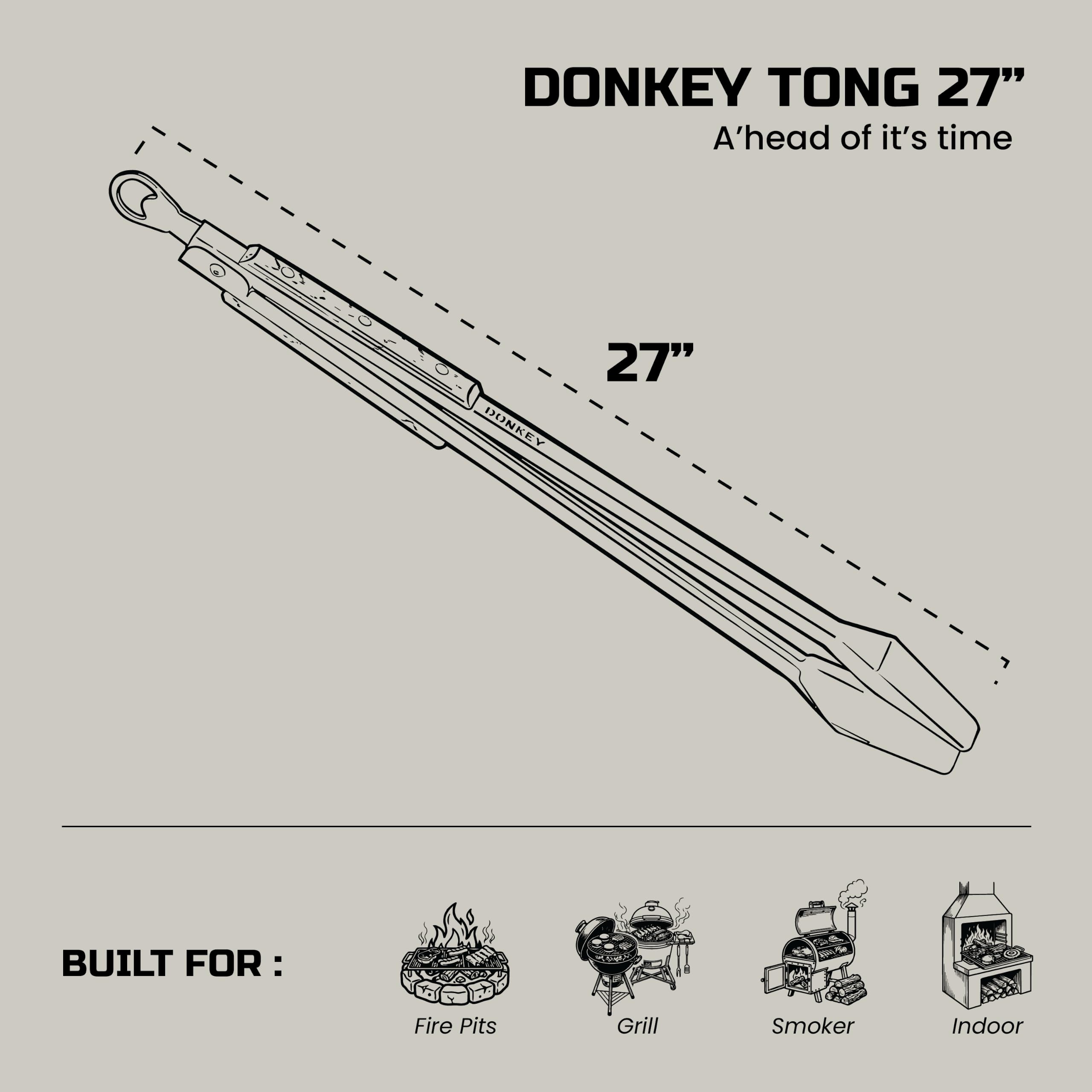 Donkey Tong - Pinzas de barbacoa de 27 pulgadas de largo, pinzas resistentes para parrilla, ahumar, carbón y cocinar al aire libre, pinzas de carne de acero inoxidable hechas a mano con asas de roble