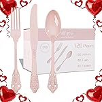 WDF 120 Pieces Heavy Duty Pink Plastic Silverware - Pink Plastic Cutlery Set - Disposable Utensils - Disposable Flatware Includes 40 Forks, 40 Spoons, 40 Knives for Party, Wedding, Valentine\'s Day