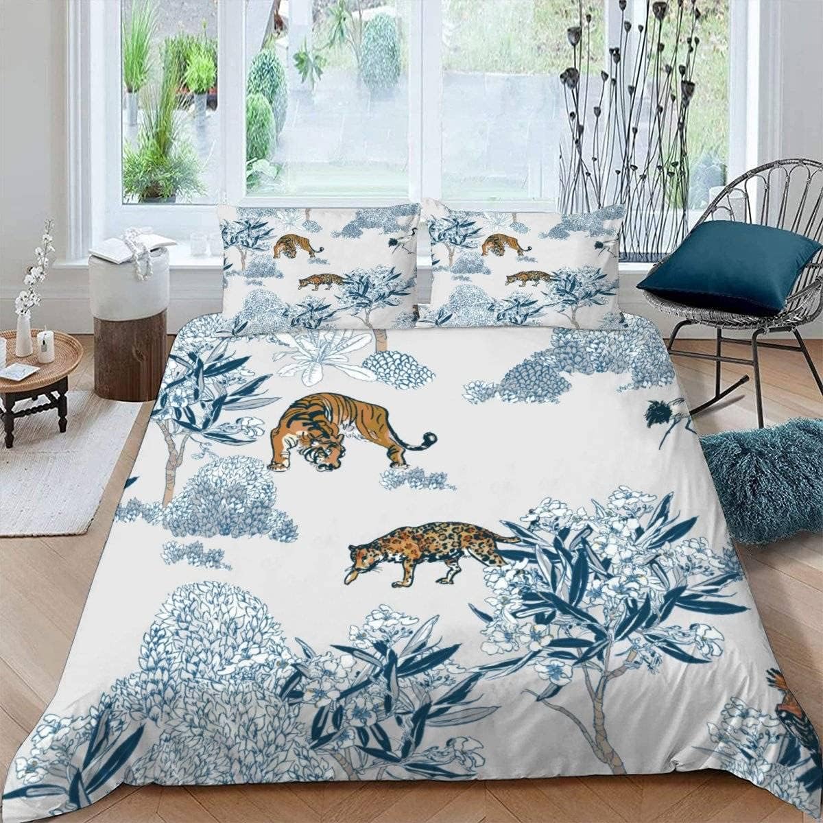 MEVASA Japanese-style Bedding Double Bed Set Microfiber Teenager Bedding Bamboo Tiger 3D Bedding Set for Small Double 3Pcs Anti Allergic Double Duvet Cover Set with Zipper /200x200