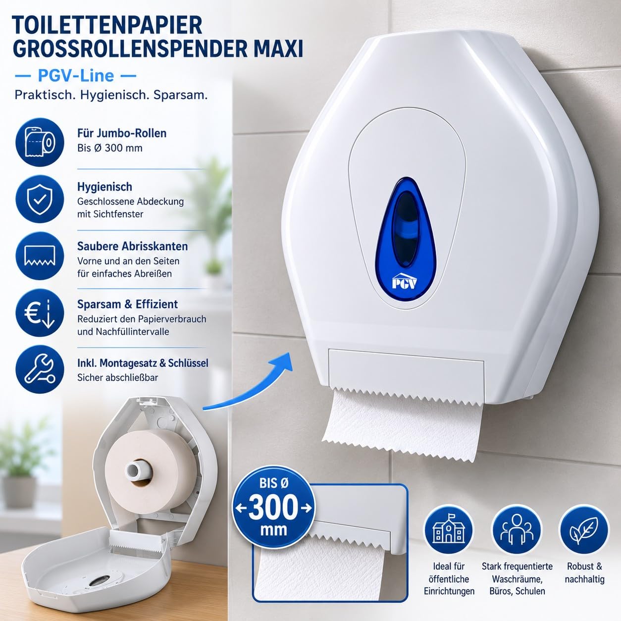 Dispensador de papel higiénico para rollo grande jumborol MAXI para montaje en pared PGV-Line