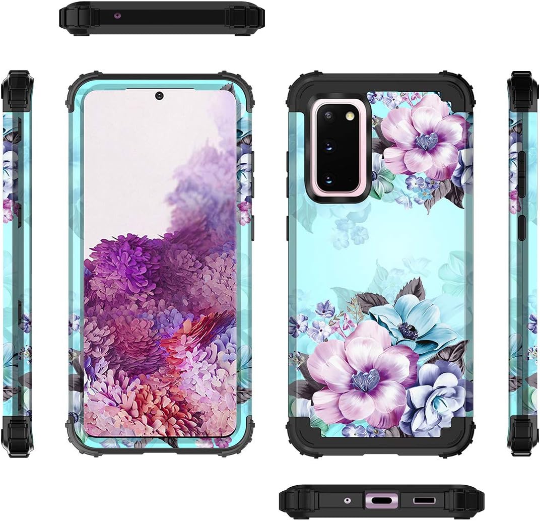 Casetego Compatible with Galaxy S20 Case,Floral Three Layer Heavy Duty Hybrid Sturdy Shockproof Full Body Protective Cover Case for Samsung Galaxy S20 6.2 inch,Blue Flower