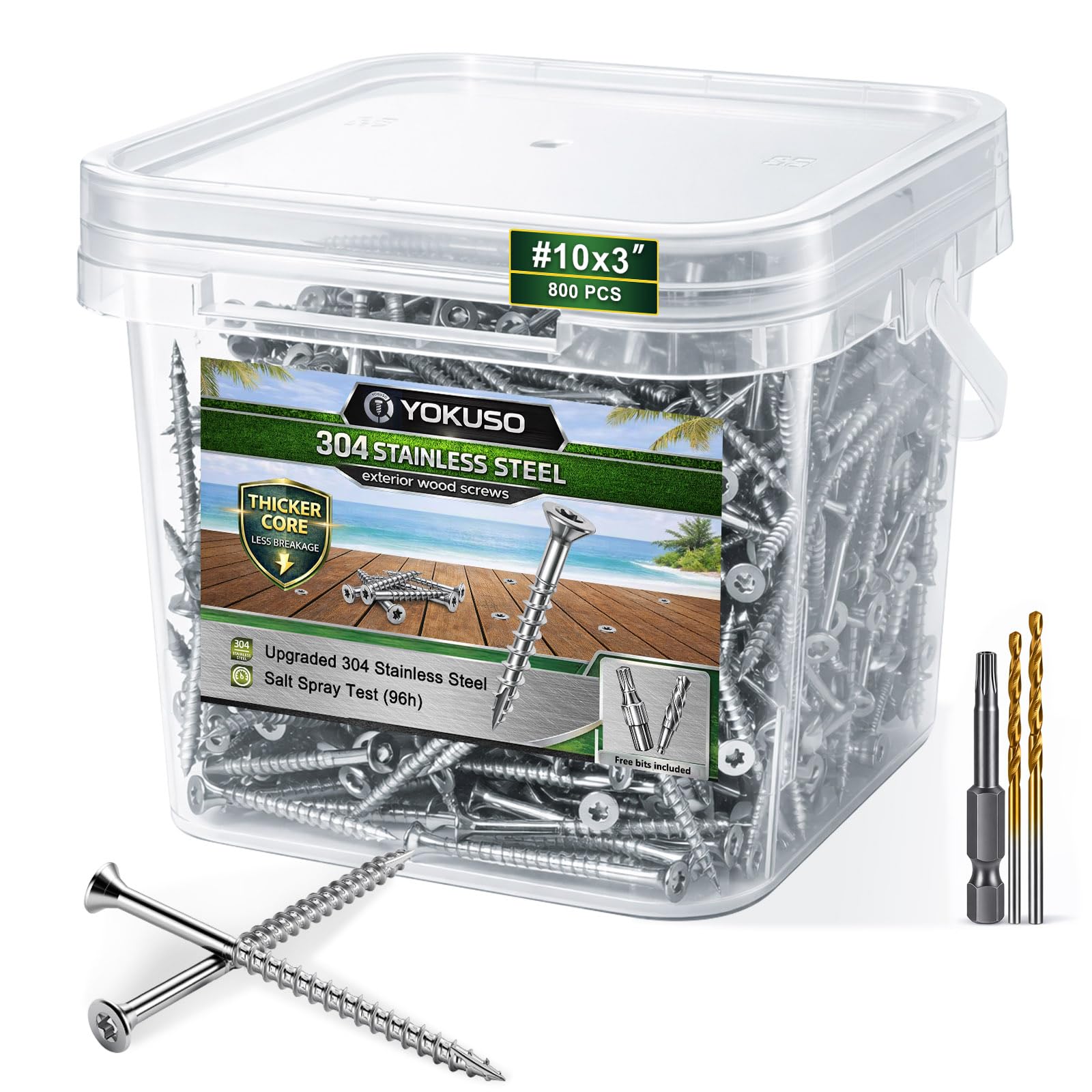 3 tornillos para madera de acero inoxidable #10 – Tornillos de acero inoxidable 304 para cubierta exterior (800 piezas), resistentes a la corrosión y al óxido con cabeza plana Torx T25 para valla de
