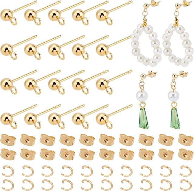 PandaHall 100pcs 18K Gold Plated Earring Studs Finding Kit, 304 Stainless Steel Ball Post Stud with Loop Butterfly Earring Back with 120pcs Open Jump Ring for Jewellery Dangle DIY Earring