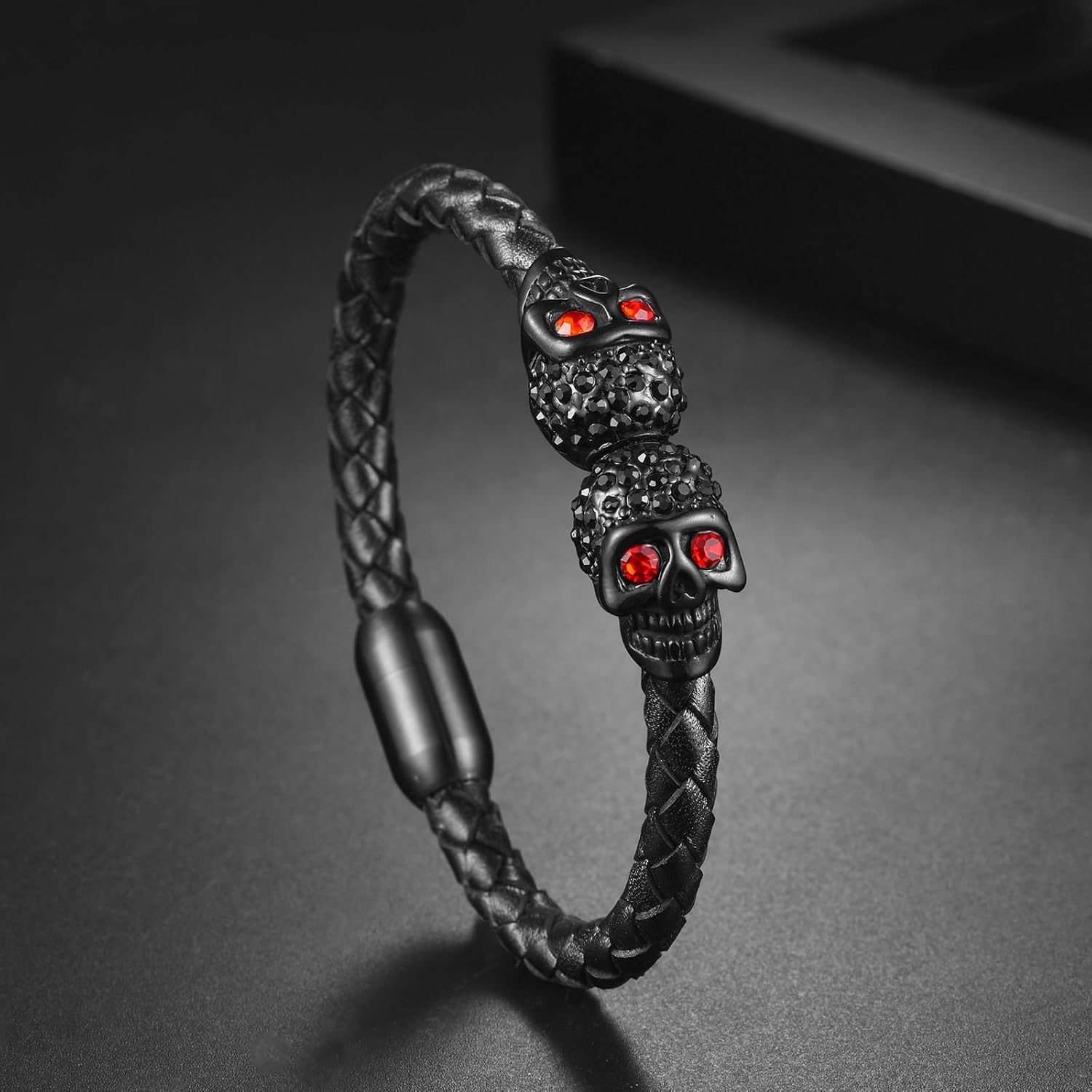 YL Mens Skull Ruby Leather Bracelet, 18K Gold/Black Rhodium Plated Double Skeleton Red CZ Cuff Stainless Steel Handcrafted Jewelry Gifts