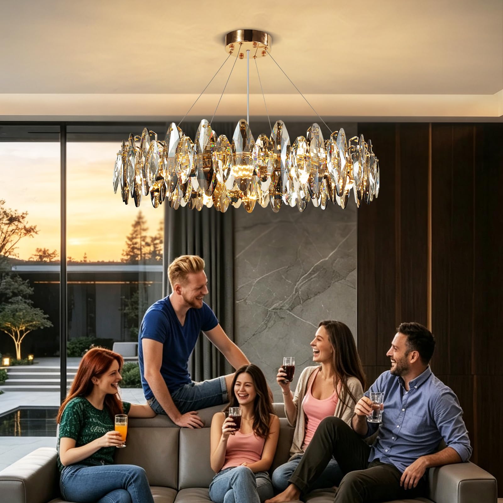 Moderna araña de cristal LED de lujo, Luz de lámpara techo salon cristal forma de huevo brillante de oro, 8xE14 Colgante Para Dormitorio, Salón, Comedor, Restaurante
