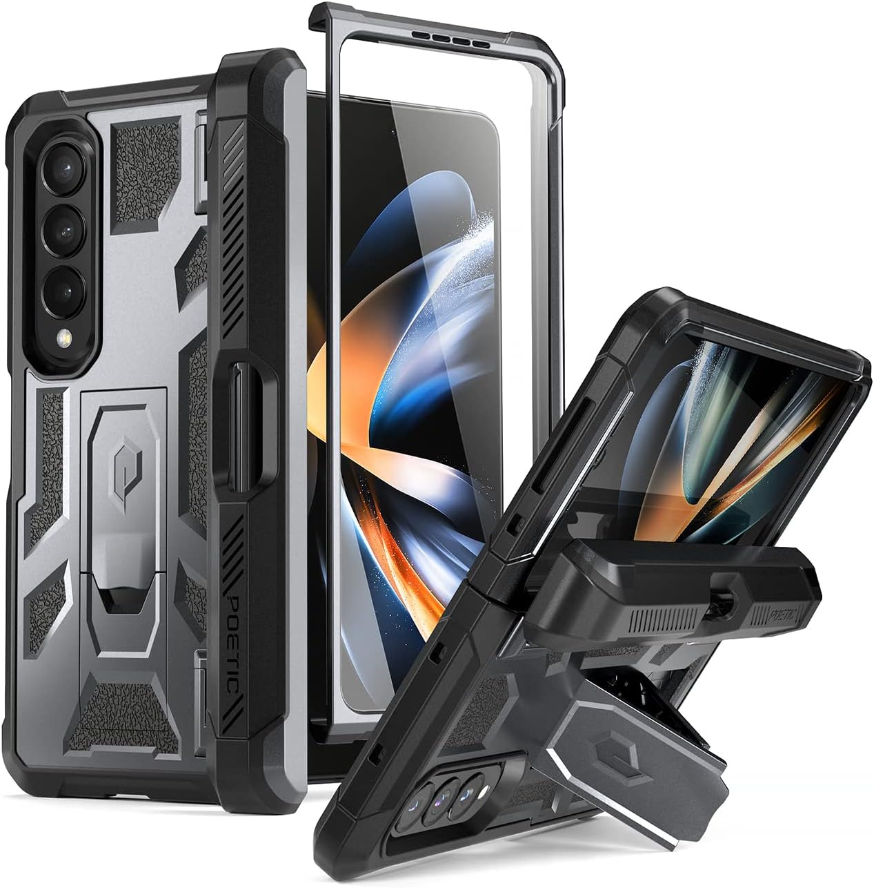 Poetic Spartan Galaxy Z Fold 4 Case, S Pen Holder, Screen Protector, Kickstand, Rugged Hinge Protection, Metallic Gun Metal