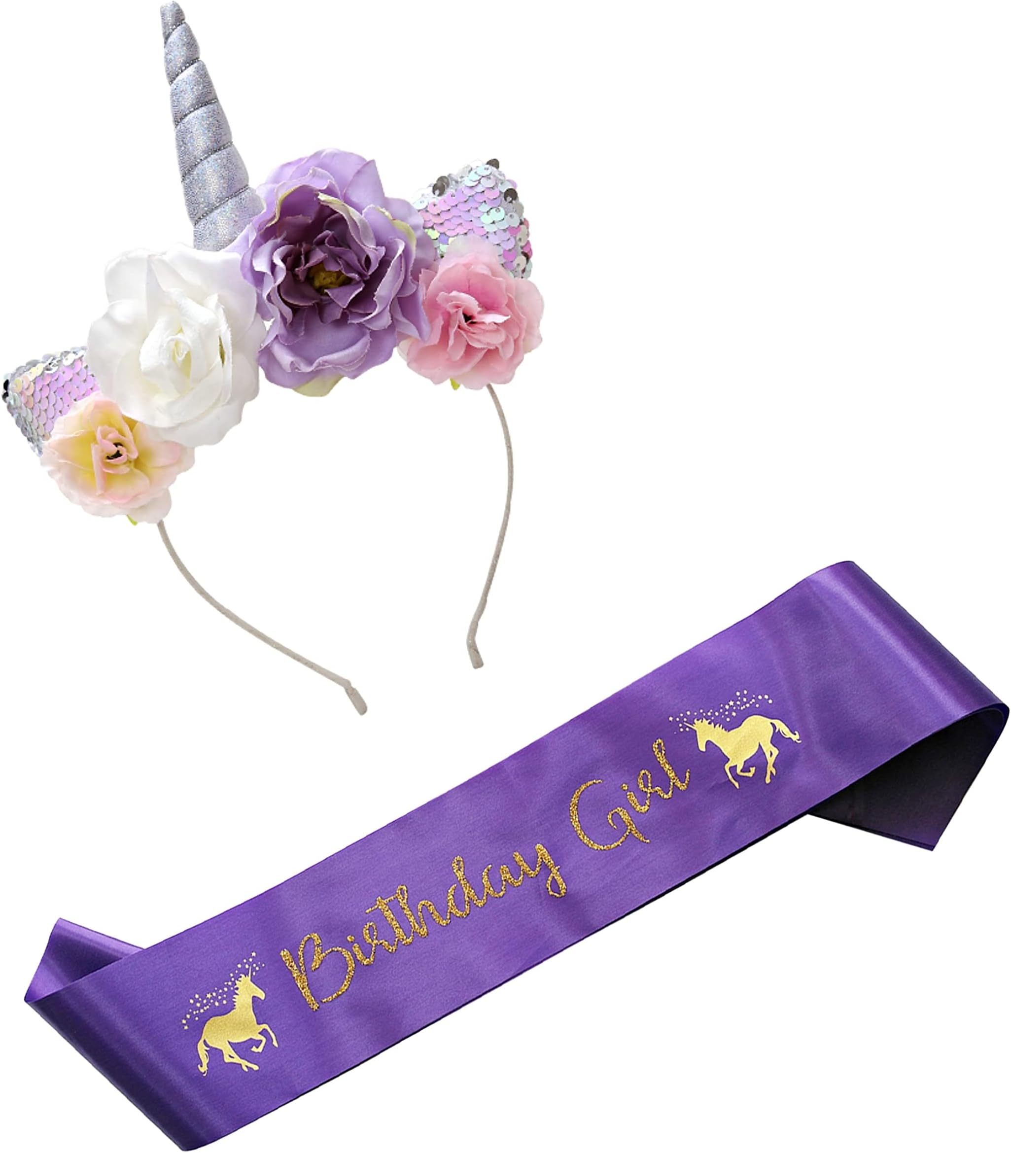 Charmbow Birthday Girl Set of Unicorn Mermaid Headband & Pink Satin Sash for Girls (Unicorn-I)