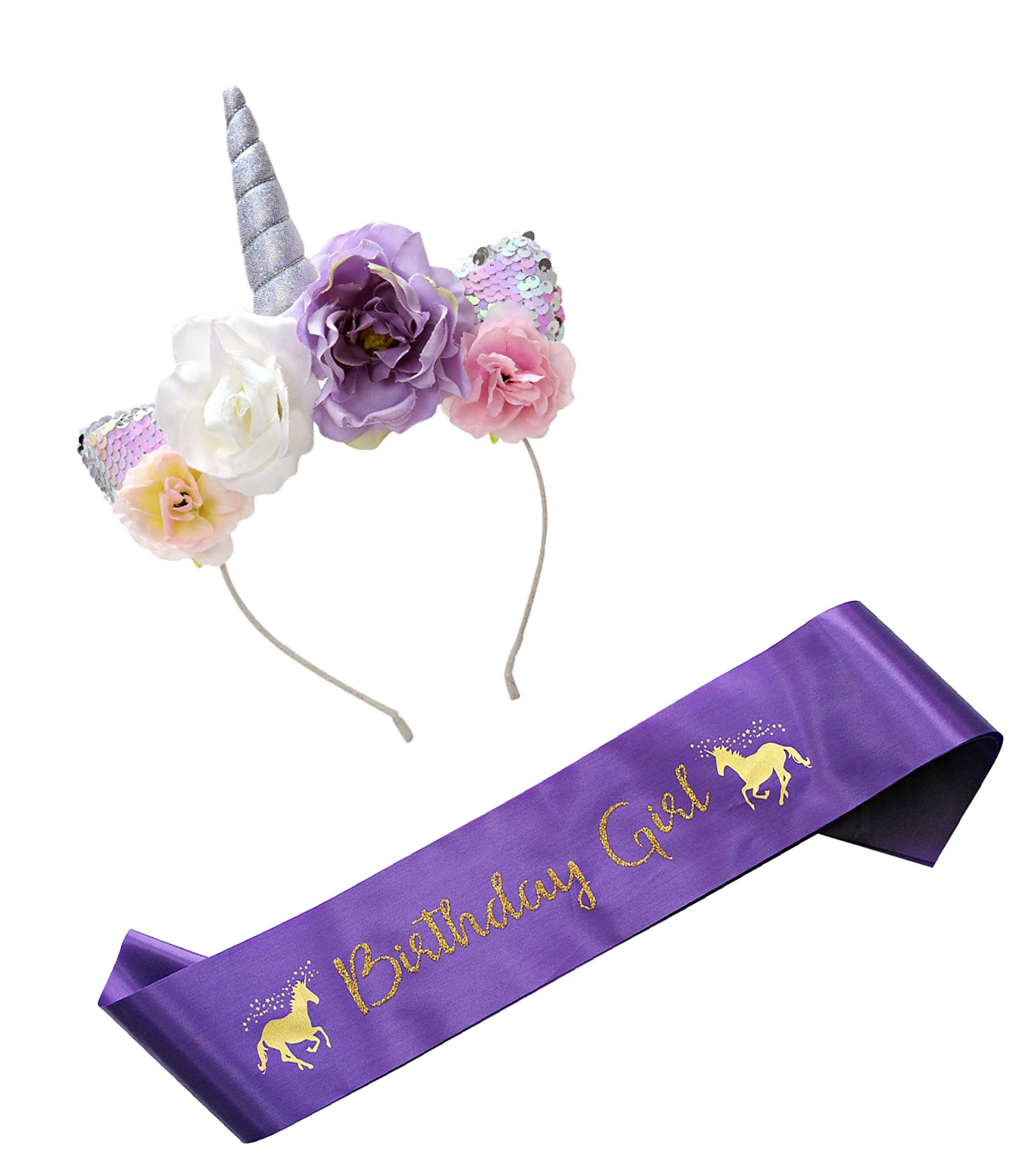 Charmbow Birthday Girl Set of Unicorn Mermaid Headband & Pink Satin Sash for Girls (Unicorn-I)