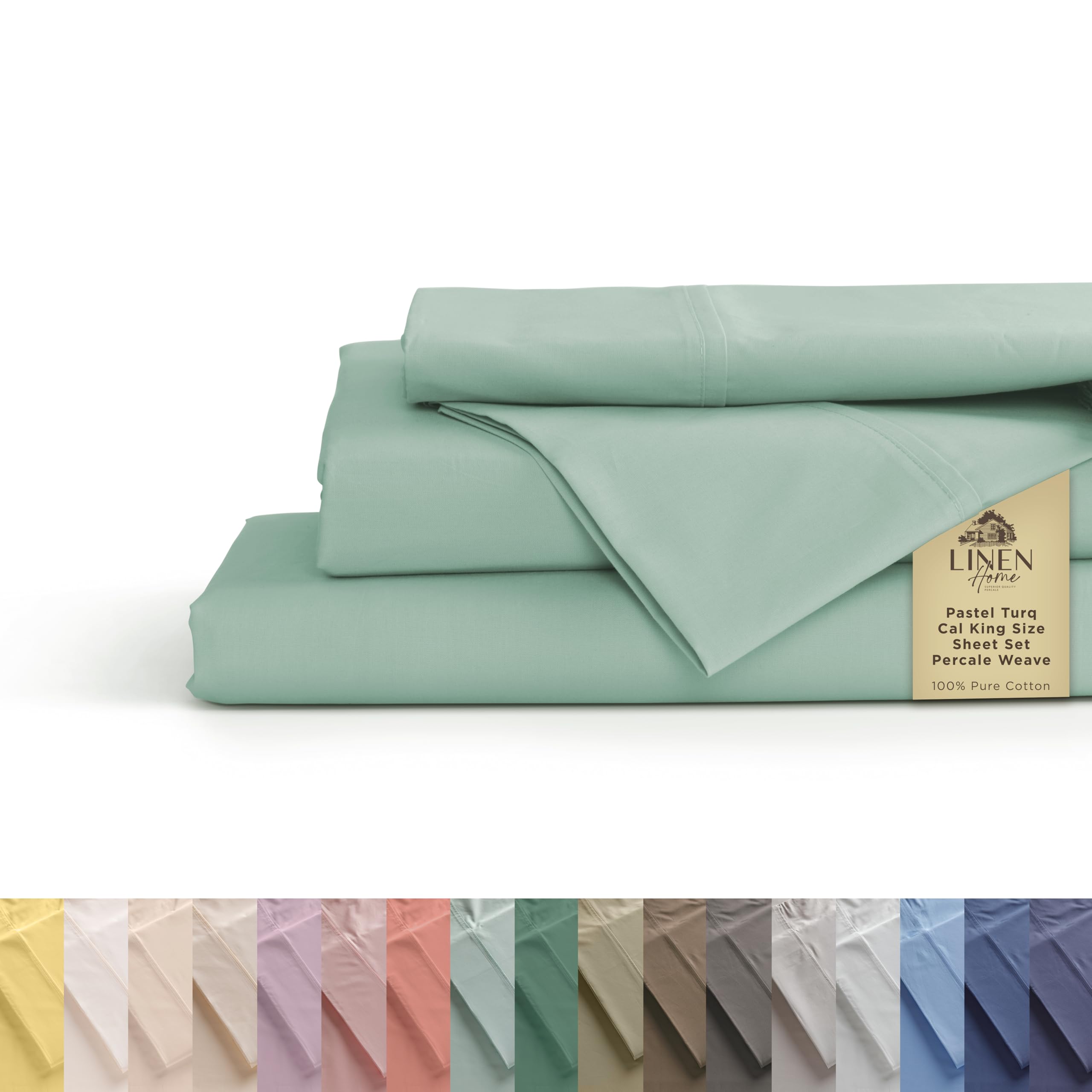 Linen Home 100% Cotton Percale Sheets California King Size, Pastel Turk, Deep Pocket, 4 Pieces Set - 1 Flat, 1 Deep Pocket Fitted Sheet and 2 Pillowcases, Crisp Cool and Strong Bed Linen