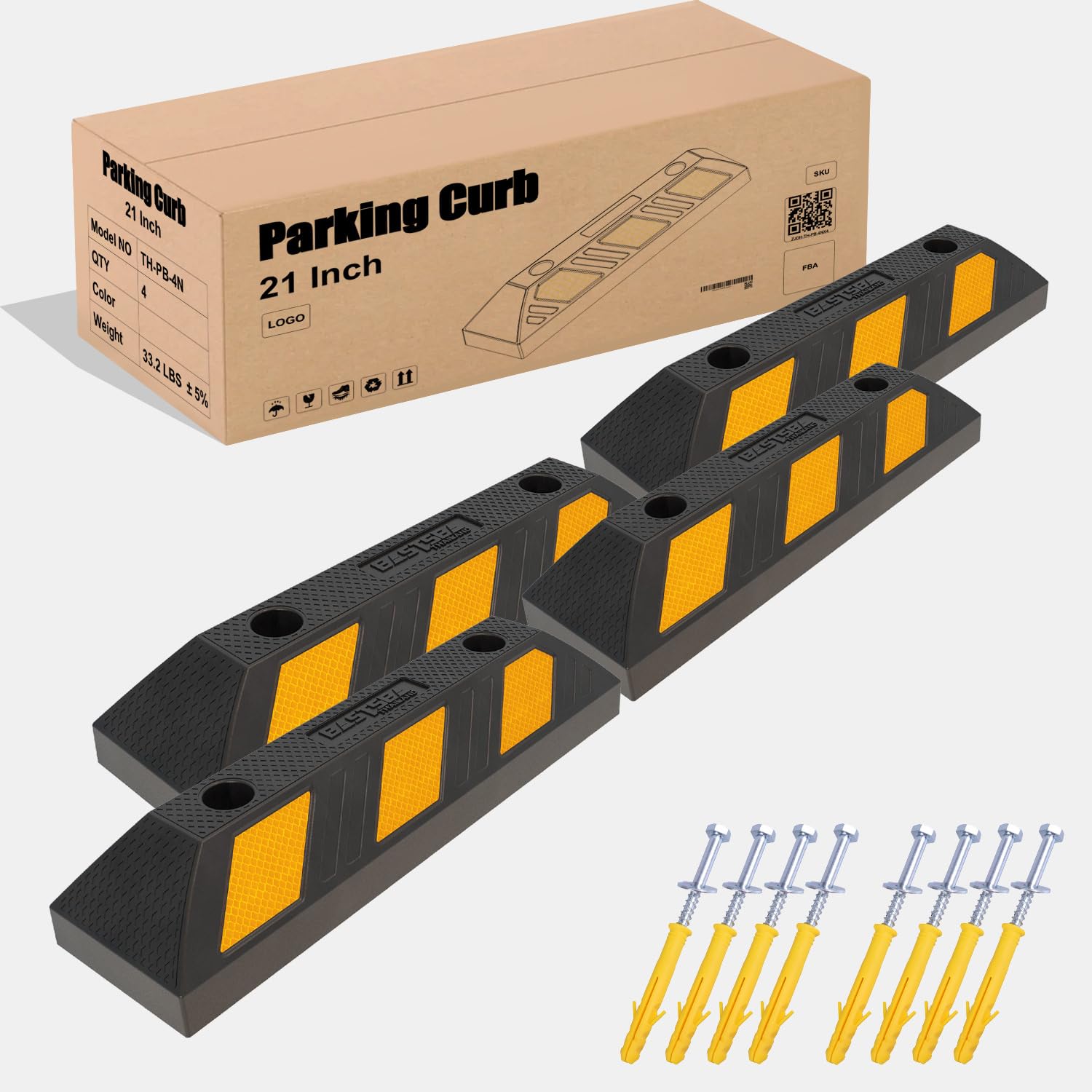 Paquete de 4 bordillos de estacionamiento de goma de alta resistencia de 55 cm, kits de instalación incluidos, tope de piso de garaje de estacionamiento, tapón de rueda para vehículos