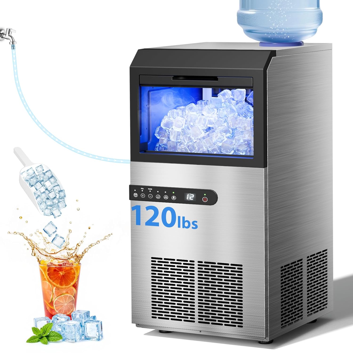 similar to stock photo Commercial Ice Maker Machine, 120lbs/24H Stainless Steel Under Counter ice Machine with 45 Ice Cubes/Cycle, 2 Water Inlet Modes, Self Clean, 24H Timer,29LB Storage Bin for Bar, Coffee Shop, Home