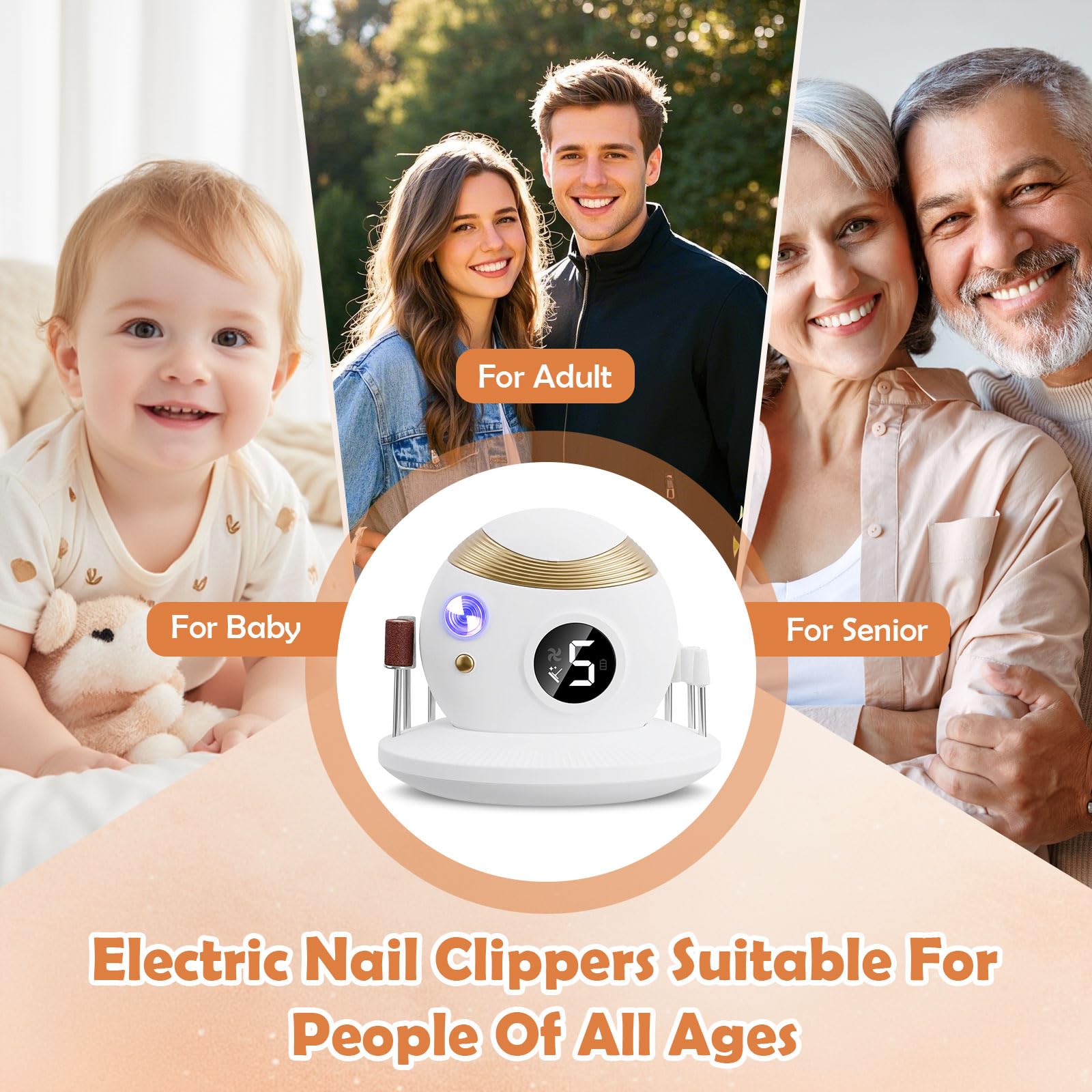 3 in 1 Tagliaunghie Elettrico,Tagliaunghie Automatico,Taglia unghie elettrico,Taglia unghie elettrico,con Luce LED,11 Teste di rettifica,per Neonati,Adulti,Anziani (Bianco)