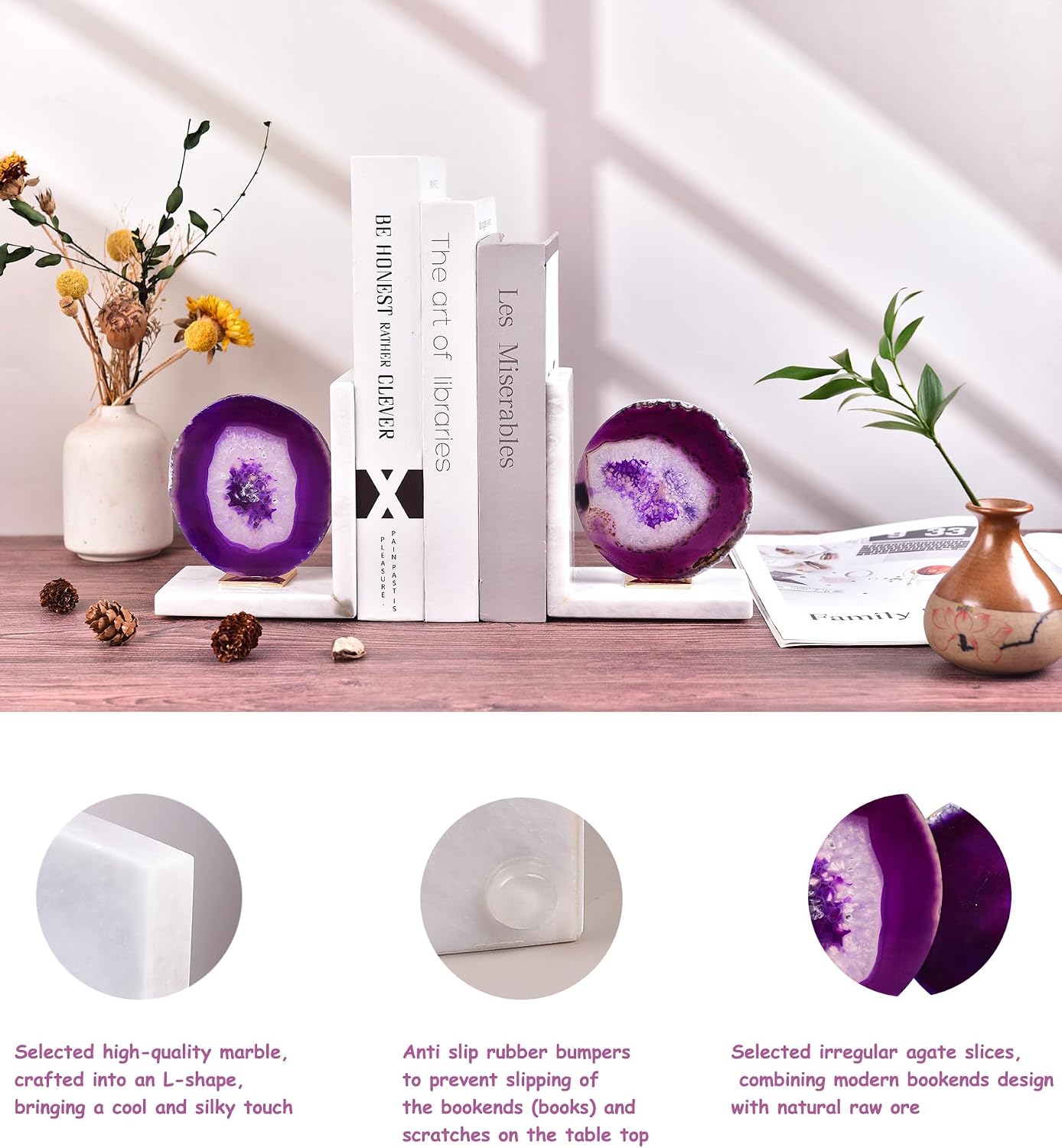AMOYSTONE Purple Agate Bookends, L-Shaped Marble Base with Gold Accents – Non-Slip Heavy Duty Book Holder, Unique Shelf Decor for Home & Office