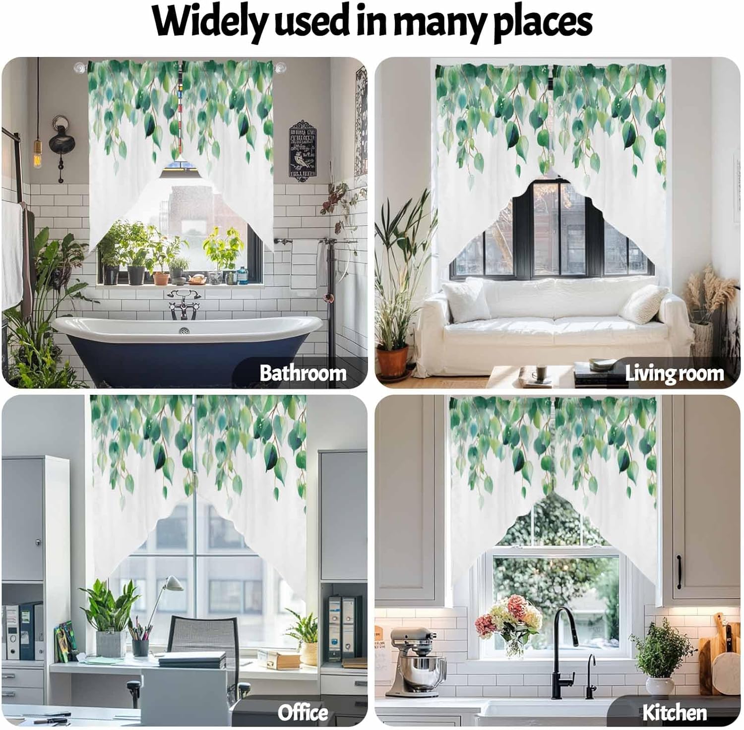 Green Leaves Swag Curtains,Watercolor Botanical Kitchen Valances Rod Pocket Leaf Curtains Tier Pair Swag Topper,Plant White 2 Panels Window Treatment for Bathroom Living Room
