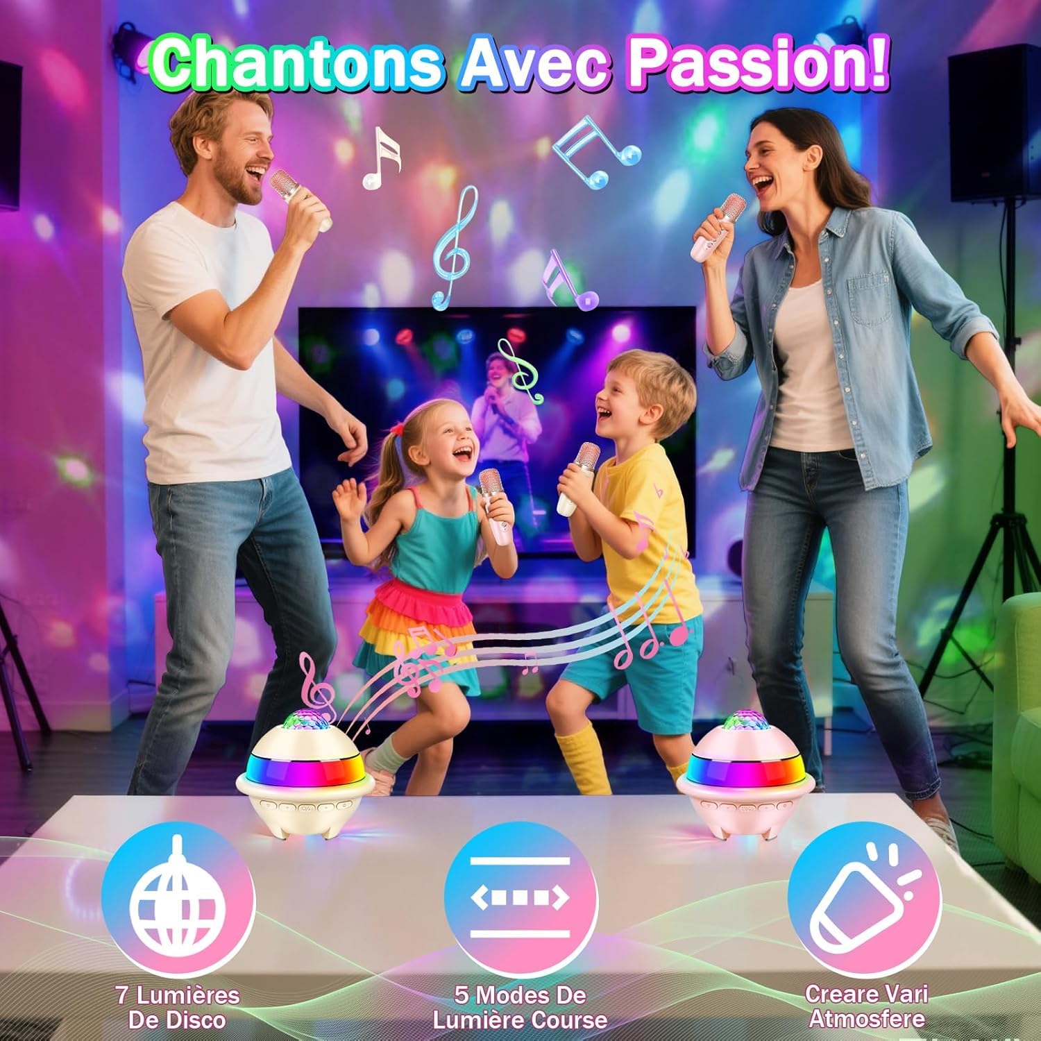 JONRRYIN Micro Karaoke Enfant avec Lumineux LED Disco, Enfant Enceinte Karaoké Portable avec 2 Microphone sans Fil Bluetooth, Micro Enfant pour Chanter, Jouet Cadeau Paques Fille (Blanc)