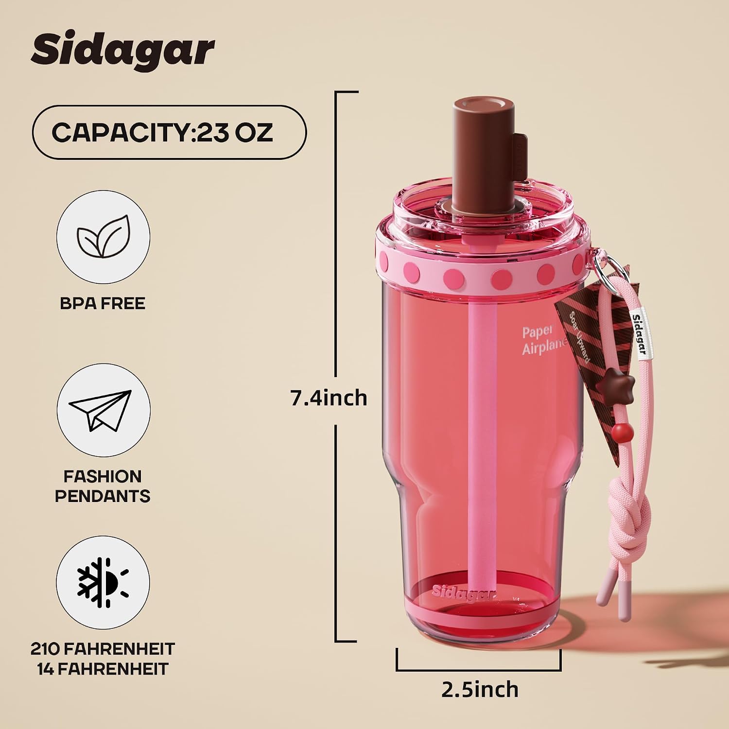 22 oz Aesthetic Tritan Water Bottle with Straw Lid & Charm Pink image 2