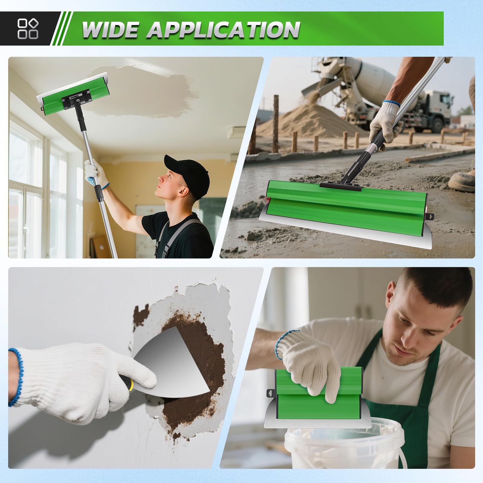Set spatole professionali per superfici in valigetta - 5 spatole per superfici (190mm mezzaluna, 250mm, 400mm, 600mm, 800mm) - 2x spatole manuali - asta telescopica in alluminio (Verde 5 pcs)