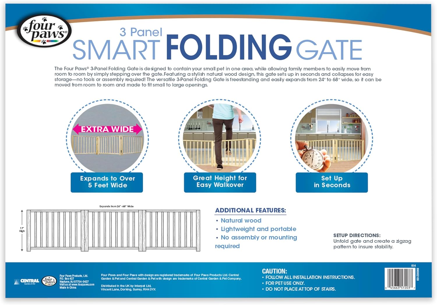 Four Paws Expandable Dog Gate, Wood Gate for Dogs, 3-Panel 24-68" W x 17" H