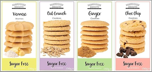 Farmhouse Sugar Free Luxury Cookies Selection - Viennese Shorties, Oat Crunch Cookies, Ginger Cookies & Choc Chip Cookies 150g Each