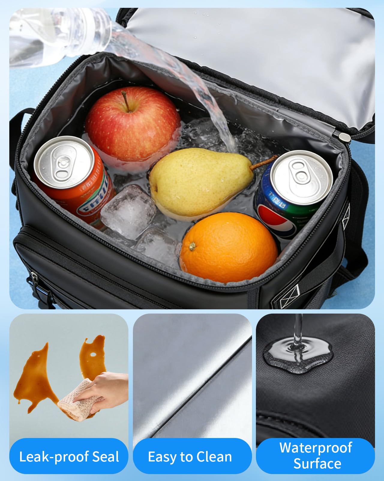 Sac à Dos Isotherme à Glacière 30L, Portable Sac Isotherme Repas Impermeable pour Travail, Camping, Nique, Plage, BBQ, Camping, Randonnée - Noir