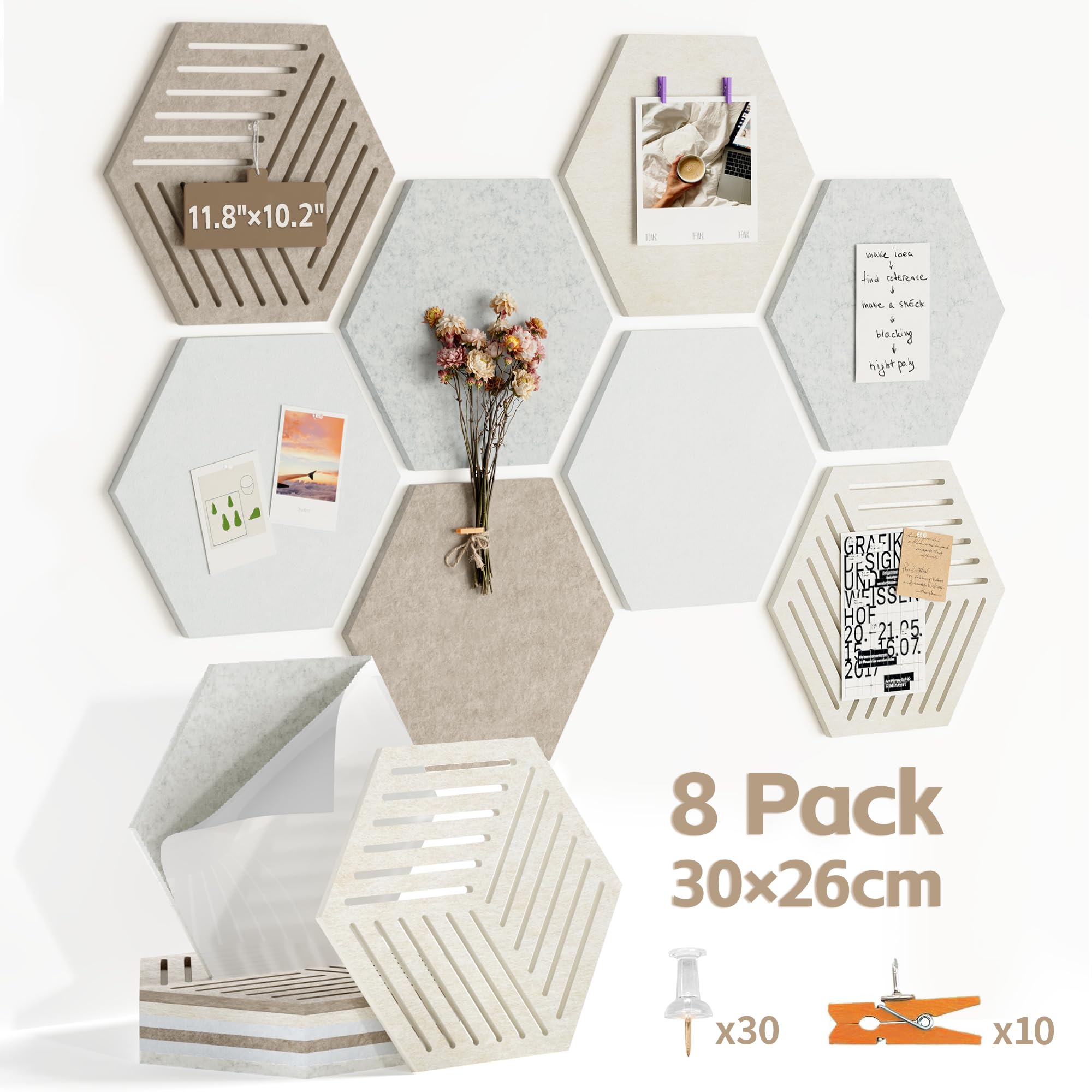 Tablero de Fieltro Hexagonal Autoadhesivo, 8 Piezas 30x26 cm Grosor 0,9 cm, Tablón Decorativo de Pared con 30 Chinchetas, Alternativa Creativa al Corcho para Hogar y Oficina