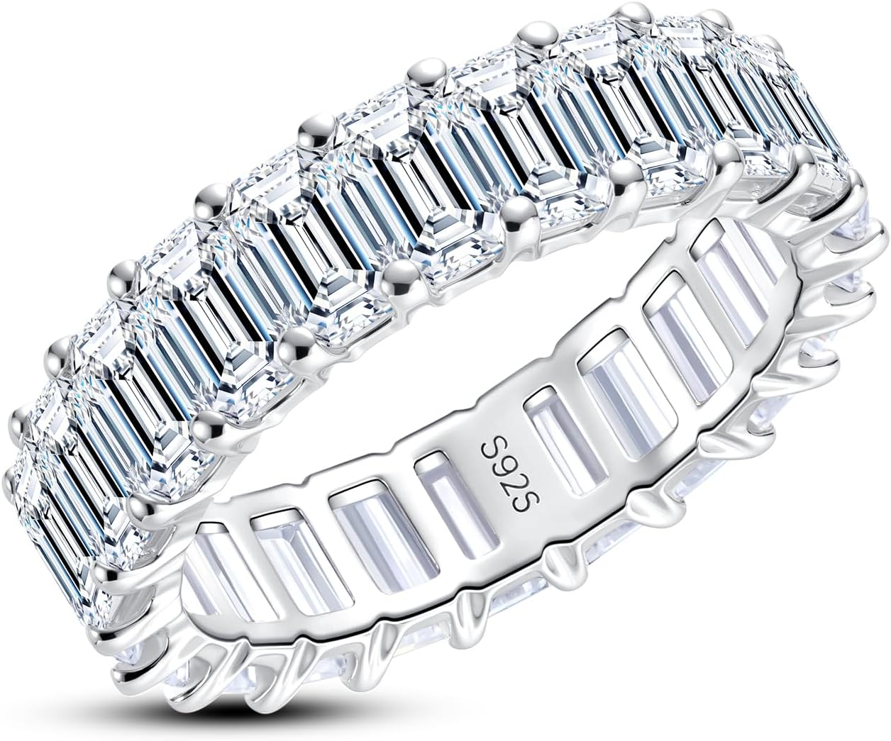 Moissanite Eternity Ring, 6.6cttw D Color Emerald Cut Moissanite 925 Sterling Silver Wedding Band Rings for Women