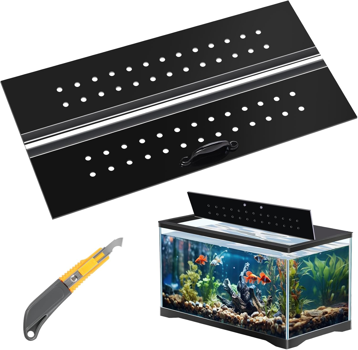 Sieral Aquarium Polycarbonate Canopy Set 19.37 x 9.37 x 0.12 Inch for 10/20 Gallon Without Center Brace Aquariums Cover Fish Tank Lid with a Hook Knife, Breathable Hole, Handle(Black) Black 19.37 x 9.37 x 0.12 Inch
