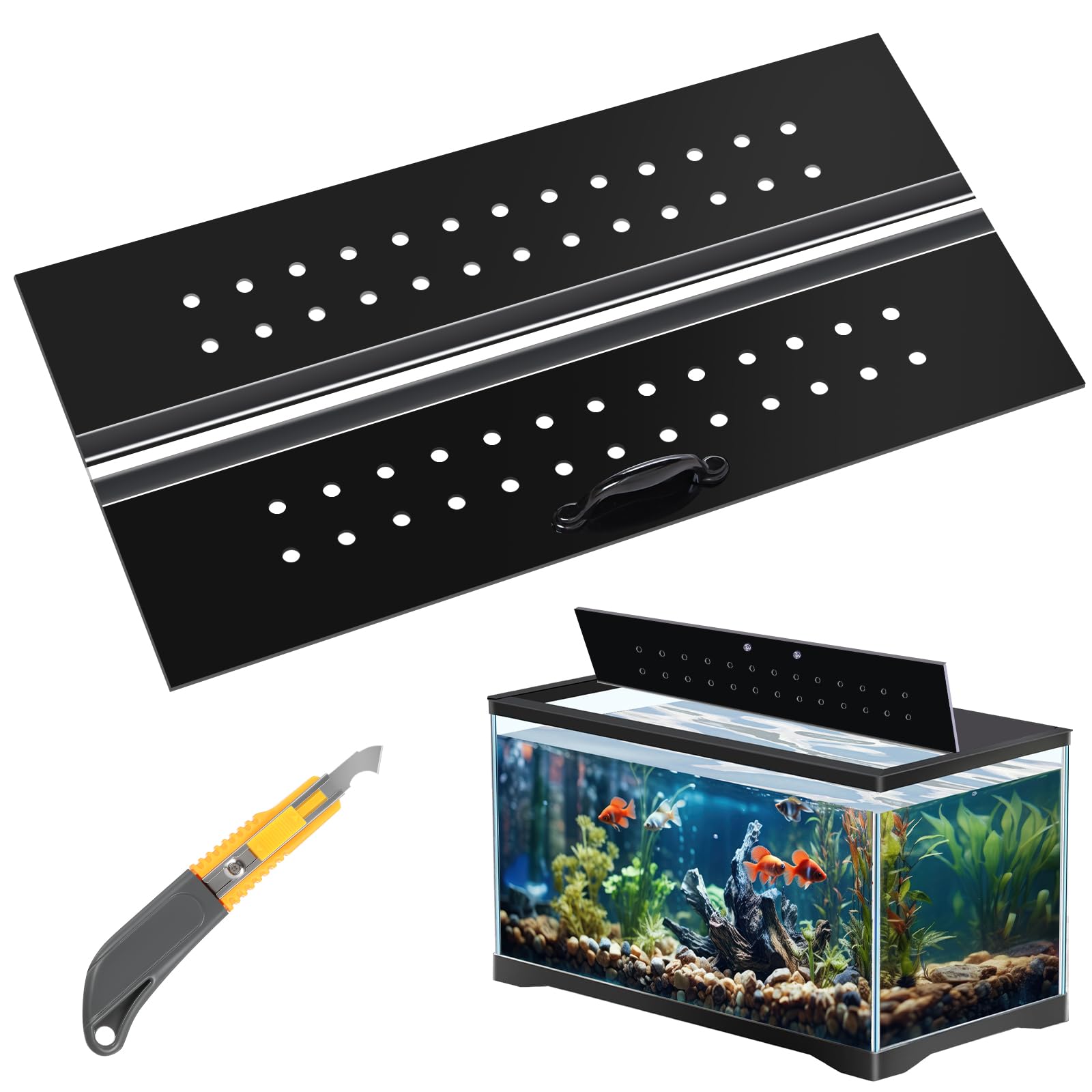 Sieral Ensemble d'auvent en polycarbonate pour aquarium de 49,37 x 24 x 0,3 cm pour aquarium de 36,5 x 20 l sans support central - Couvercle d'aquarium avec couteau à crochet, trou respirant, poignée