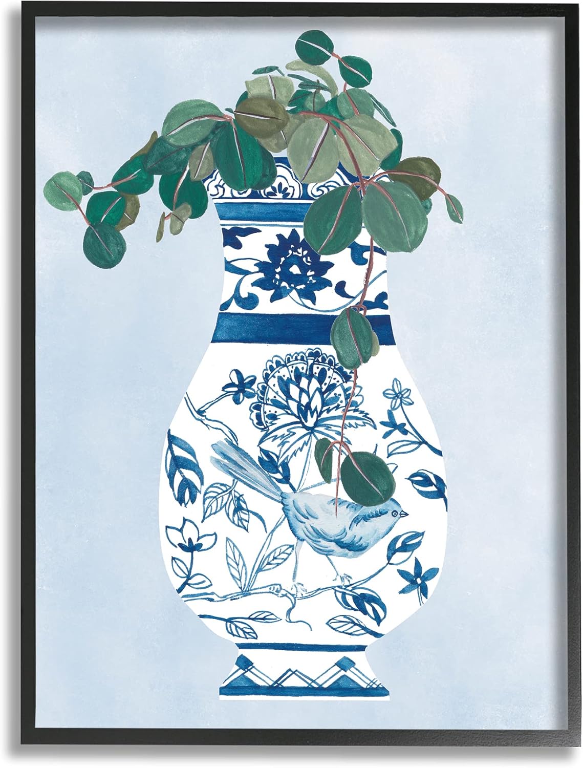 Stupell Industries Green Vine Plant Ornate Blue Bird Vase, Design by Melissa Wang Black Framed Wall Art, 24 x 30