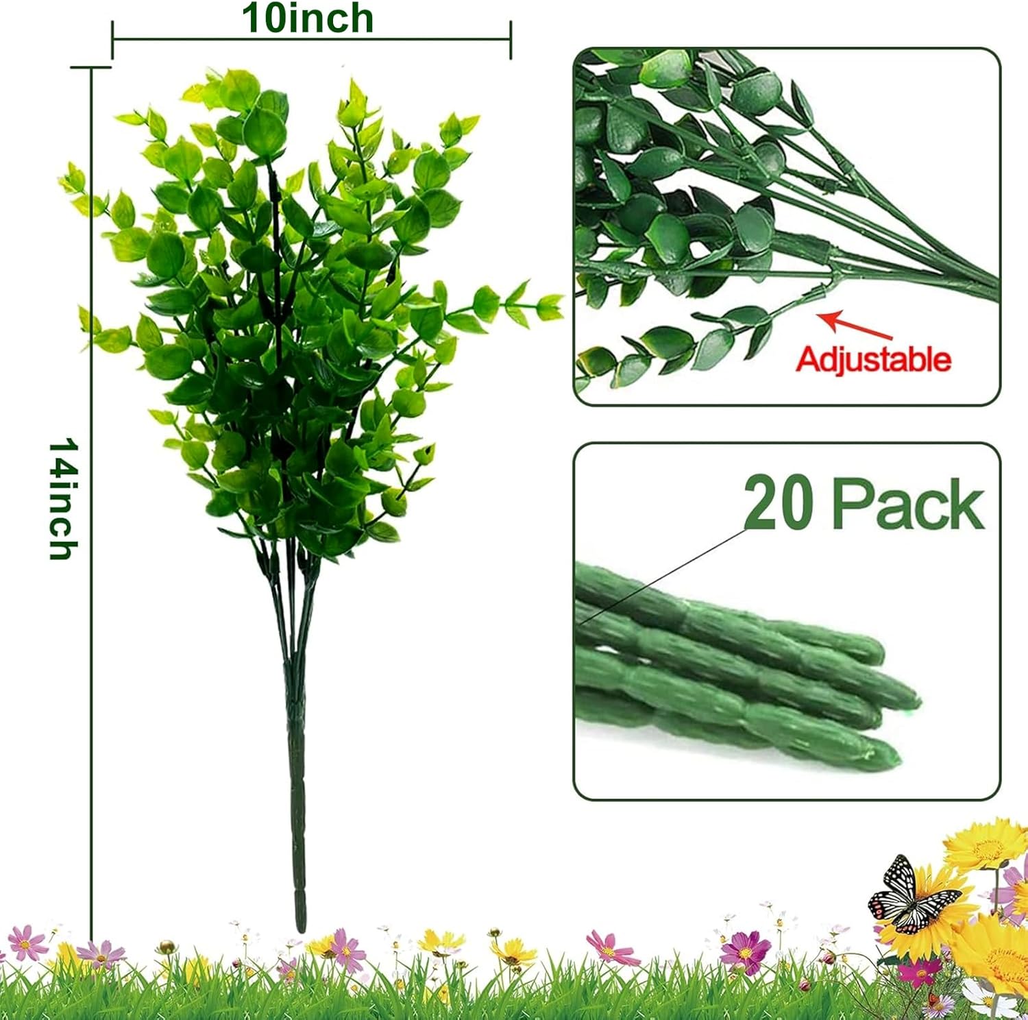 TURNMEON 20 Bundles Artificial Greenery Plants Outdoor Spring Decor, UV Resistant Fake Plants Boxwood Shrubs Grass, Faux Eucalyptus Flowers for Farmhouse Gardens Home Patio Indoor Outdoor Decor(Green) Green 20 Bundles