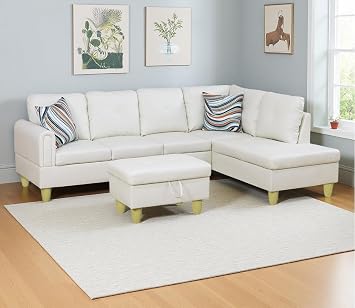 Leather Sectional Sofa Couch with Storage Ottoman, L-Shape Couch Sectional Sofa Set with Right Facing Chaise for Living Room/Apartment/Office,Creamy