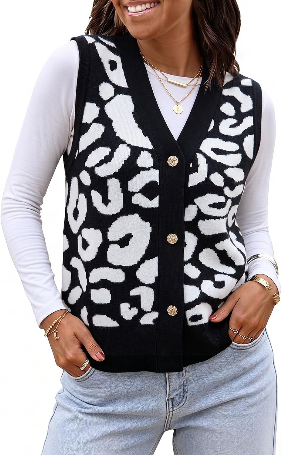 EVALESS Womens V Neck Cardigan Sweater Vest Button Up Leopard Print Dressy Tops Lightweight 2026 Business Casual Outfits
