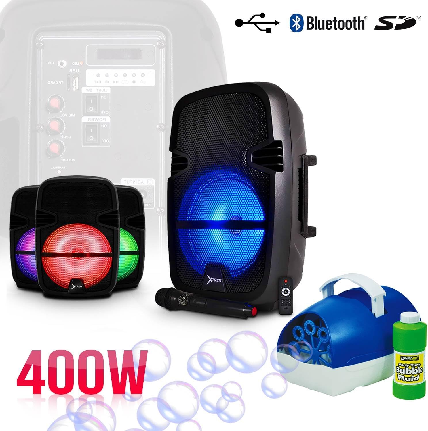 'Pack Portable Speaker 8 LED/USB/SD/BT + Mic + Bubble Machine + Fluid