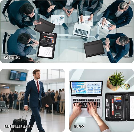 Leathario A4 Conference Folder Writing Case A4 with Zip Portfolio Document Folder Writing Pad Black
