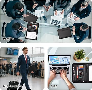 Leathario A4 Conference Folder Writing Case A4 with Zip Portfolio Document Folder Writing Pad Black