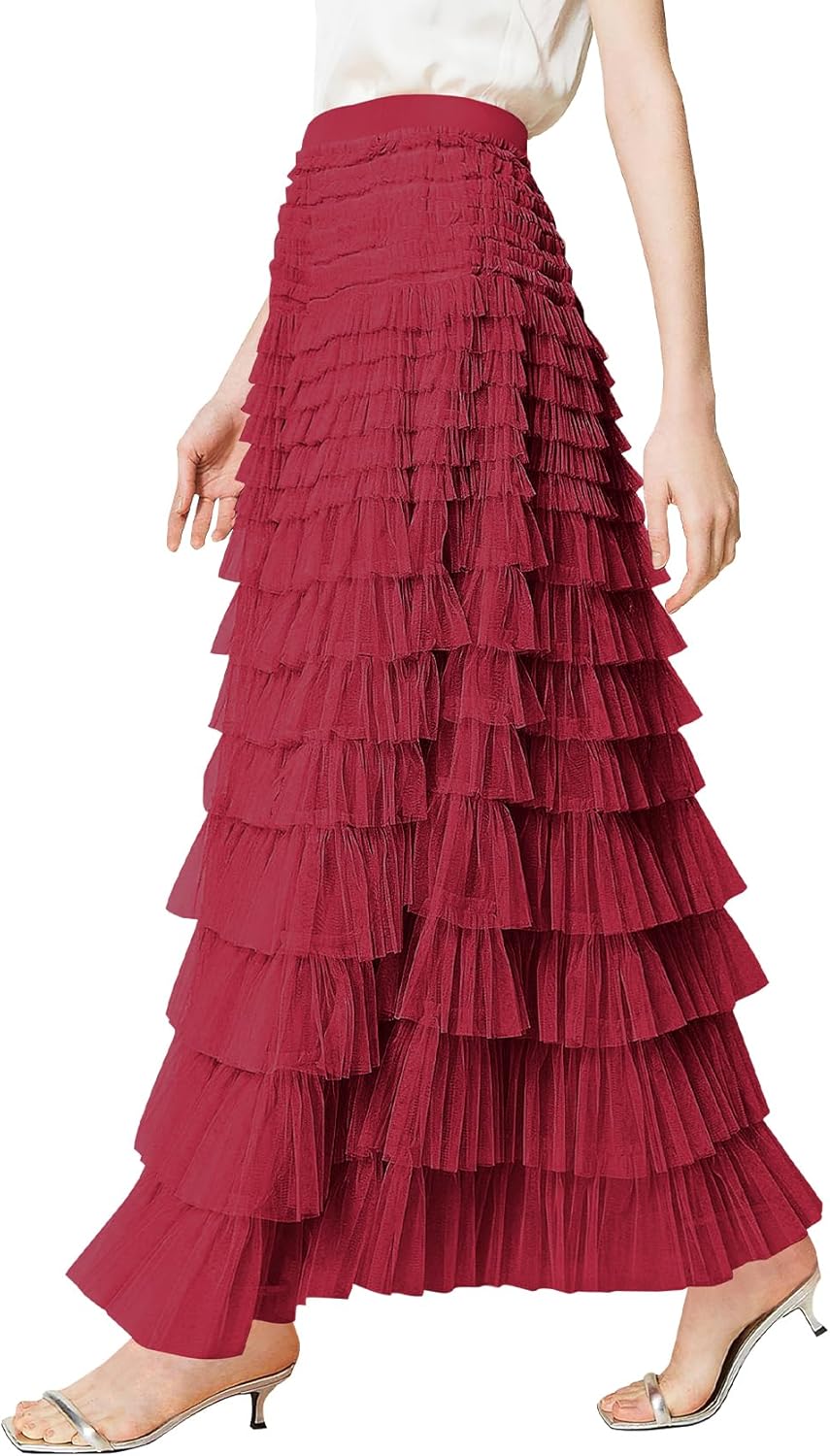 PEHMEA Tulle Maxi Skirts for Women, High Waist A-Line Flowy Elegant Party Wedding Guest Casual Skirt