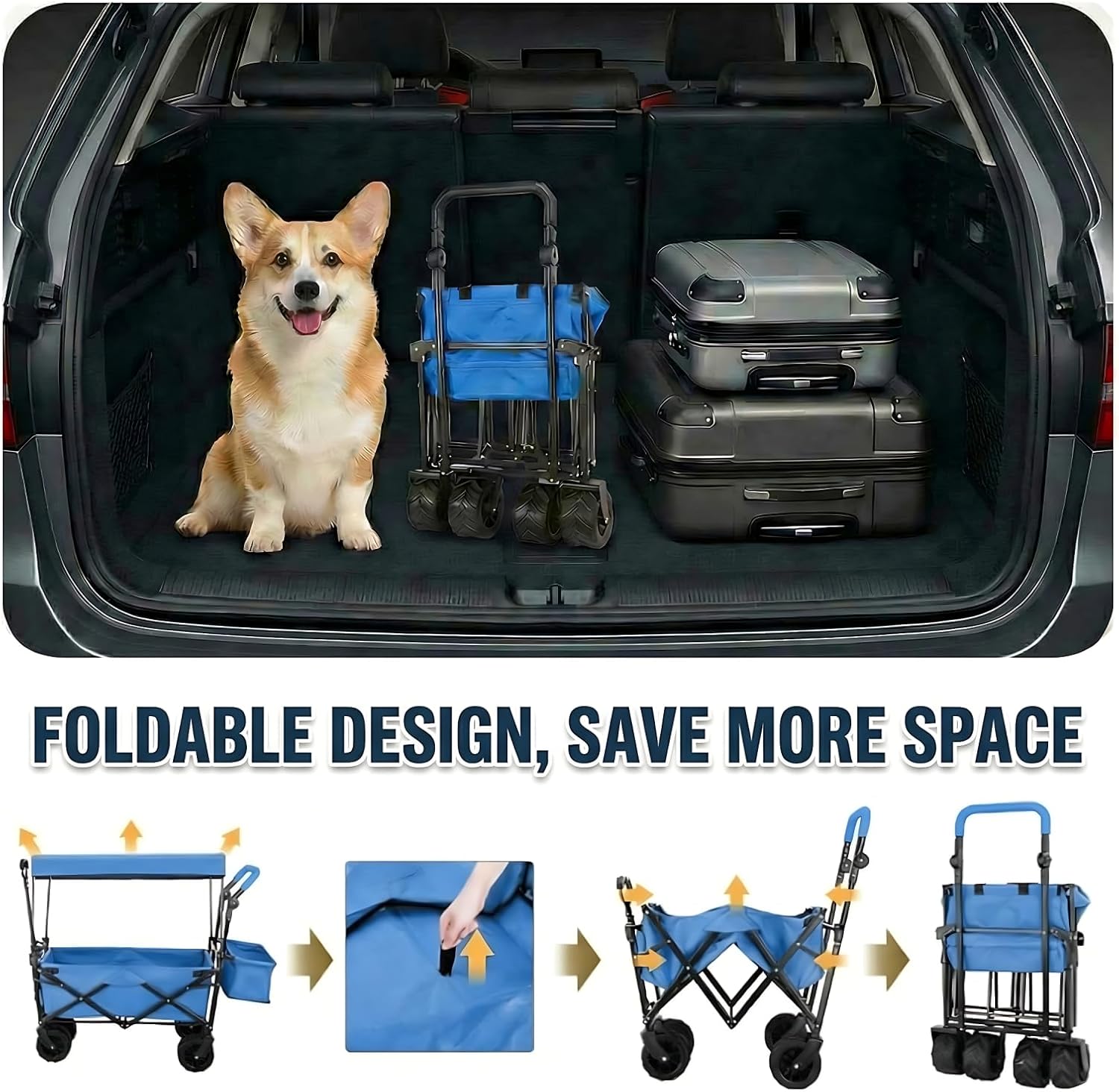 AthLike Extra Large Collapsible Wagon w/Removable Canopy, 250LBS/262L Heavy Duty Foldable Trailer w/ 7“ All-Terrain Wheels, Adjustable Handles, Outdoor Utility Garden Cart for Beach, Camping (Blue)