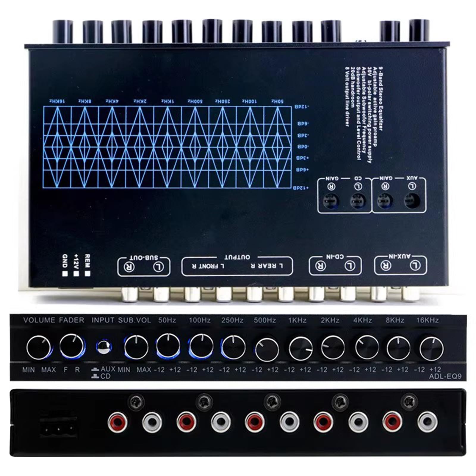 Ecualizador gráfico de 9 Bandas, preamplificador estéreo de Alta fidelidad con Ajuste de Ganancia y Salidas Frontal, Trasera y Subwoofer