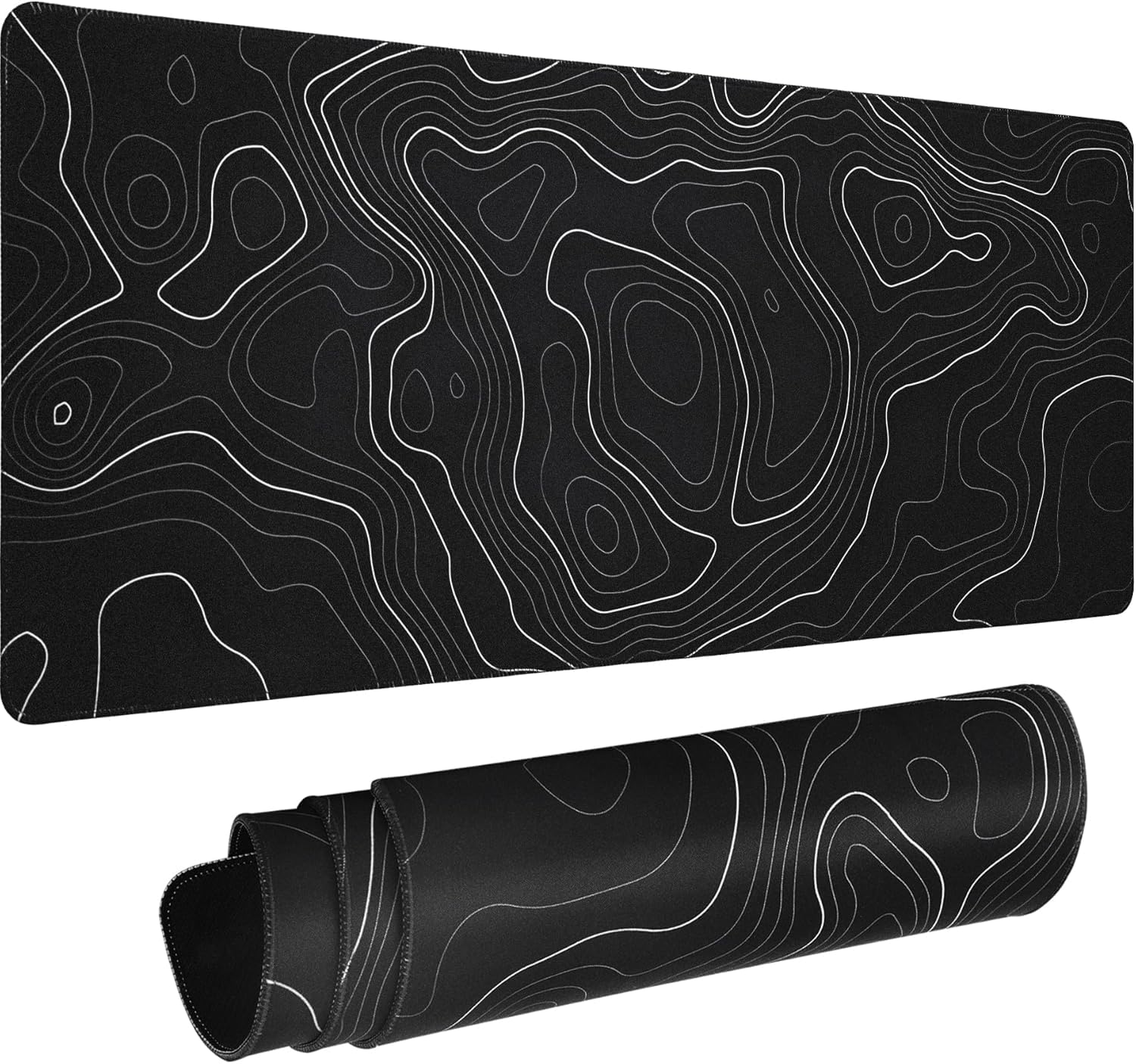 HAUTOCO Topographic Contour Large Gaming Mouse Pad, 800 x 300 x 3MM Big Mousepad Desk Pad with Non-Slip Base and Stitched Edge, Minimalist Computer Keyboard Mouse Mat for Office Work, Black