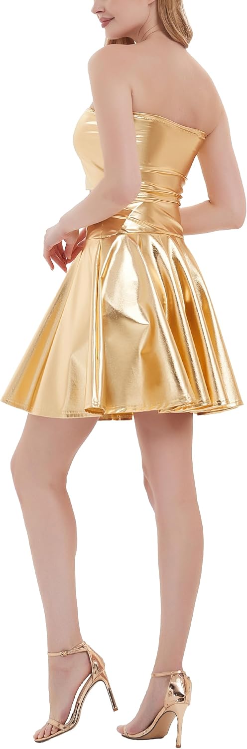 Women's Shiny Metallic Pleated Skater Skirt Short Flared A-Line Skirts Classic Sparkly Skirt Costume - Image 4