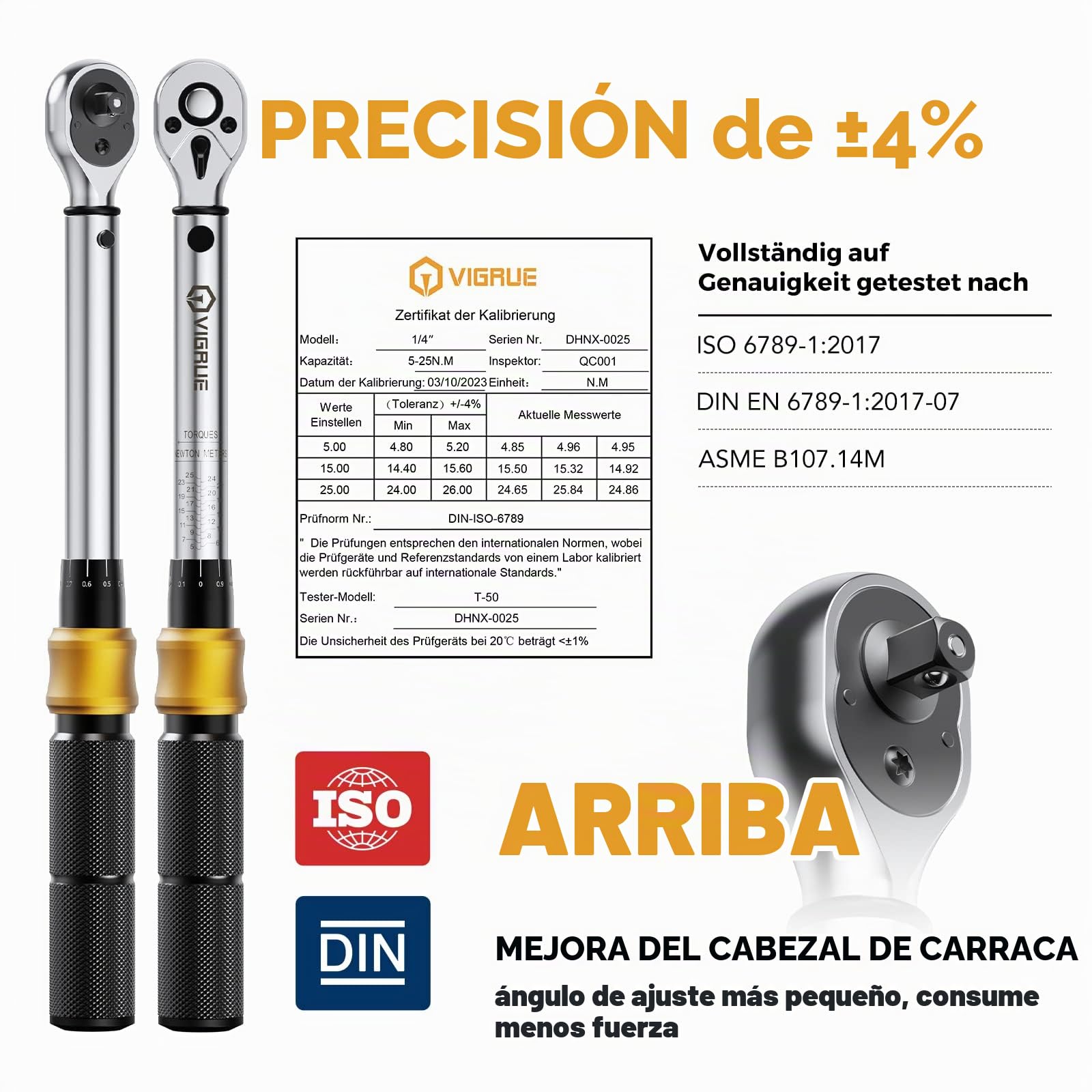 VIGRUE Llave dinamométrica para bicicleta, llave dinamométrica de 1/4 pulgadas, 5-25 Nm, ± 4% de precisión de error con barra de extensión, articulación universal, funda de bujía magnética, puntas