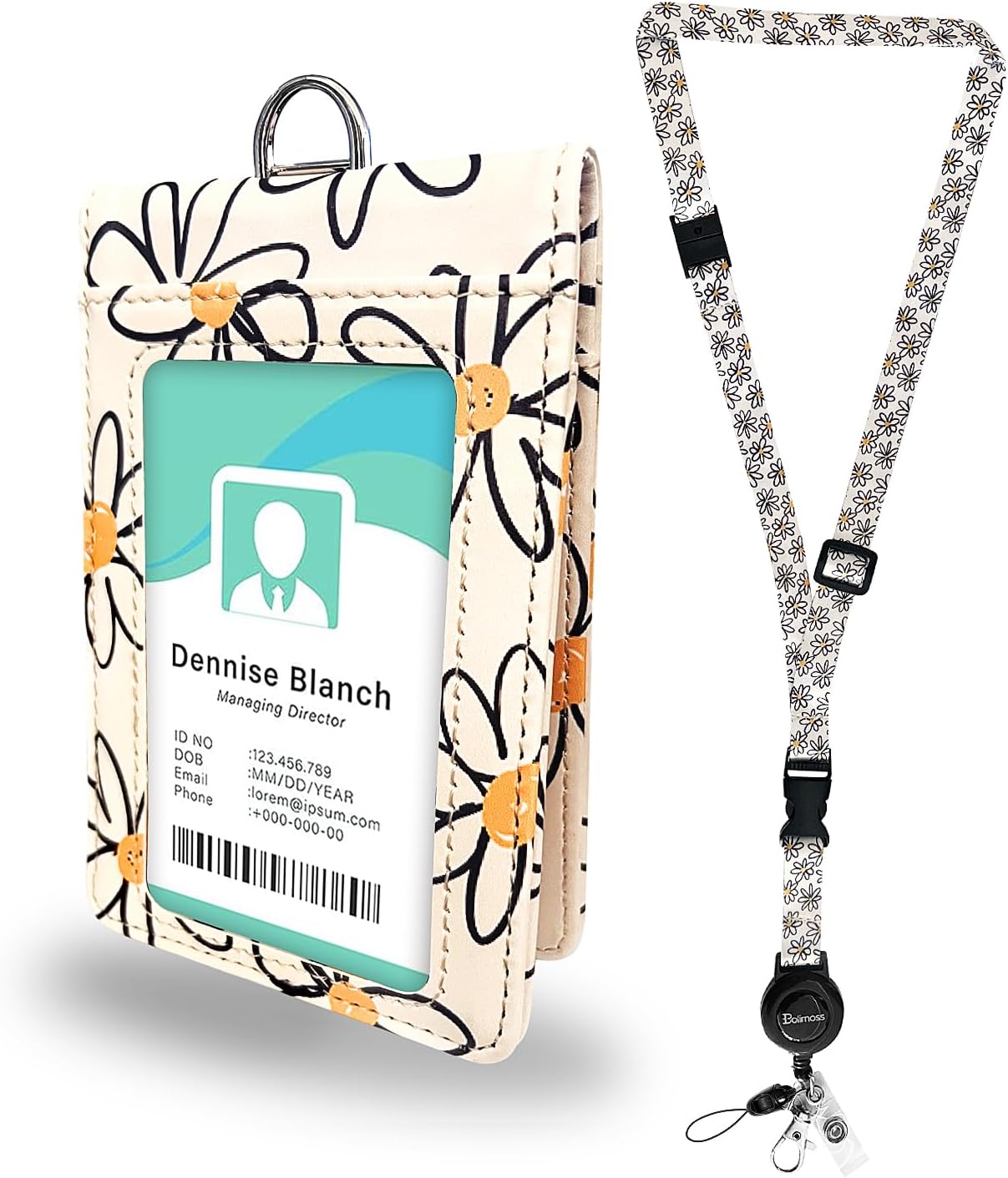 bolimoss Daisy Leather Badge Holder with Double-Sided Windows,Leather ID Name Badge Card Holder with Adjustable Retractable Lanyards, Breakaway Neck Lanyards for Work ID, School ID, Access Card