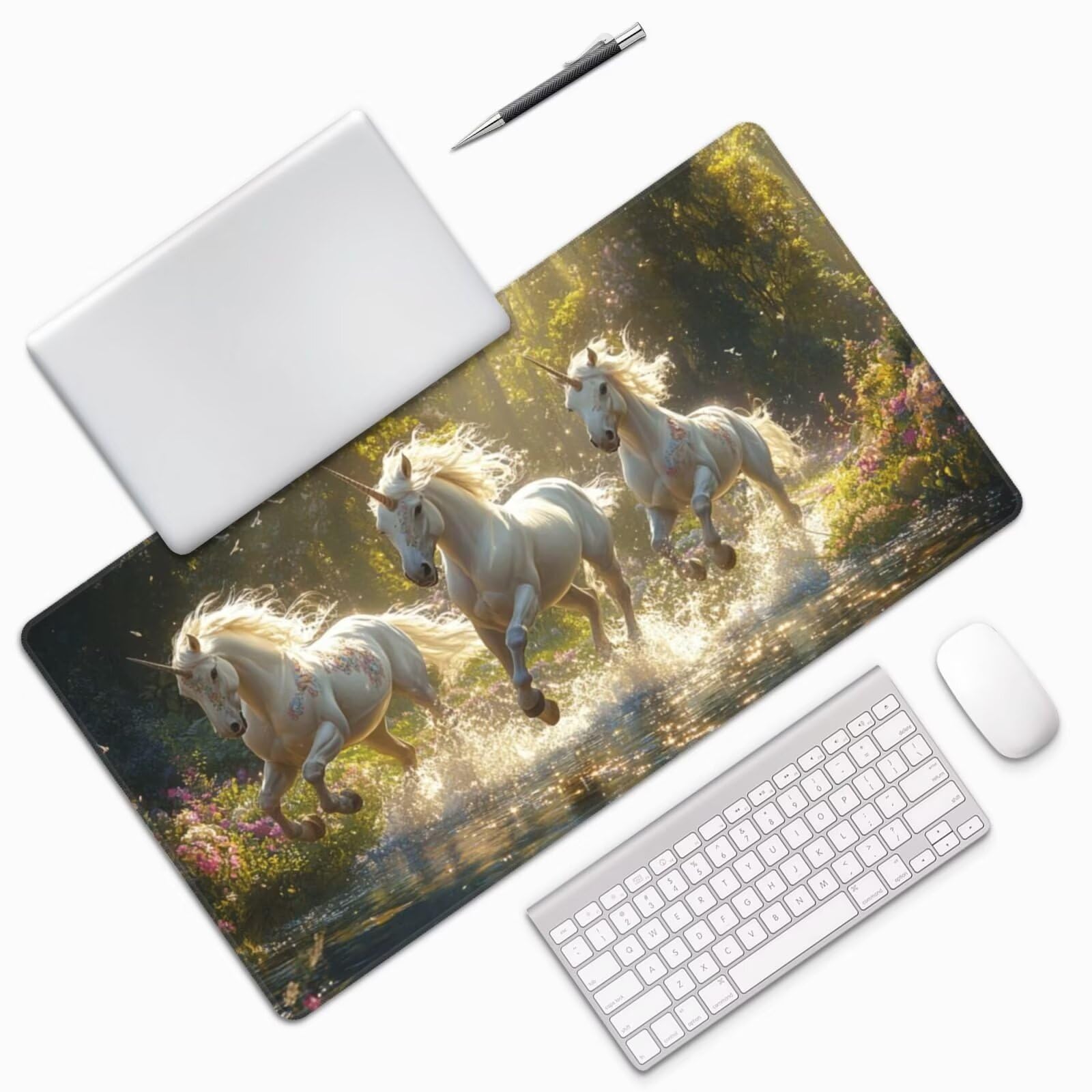 Gaming Mauspad XXL,1200 x 600 x 3mm Mousepad Verlängertes Groß Mauspad Schreibtischauflage,Genähte Kanten rutschfeste Gummibasis,Verbessert Präzision Geschwindigkeit Home Office Weißes Einhorn L-506