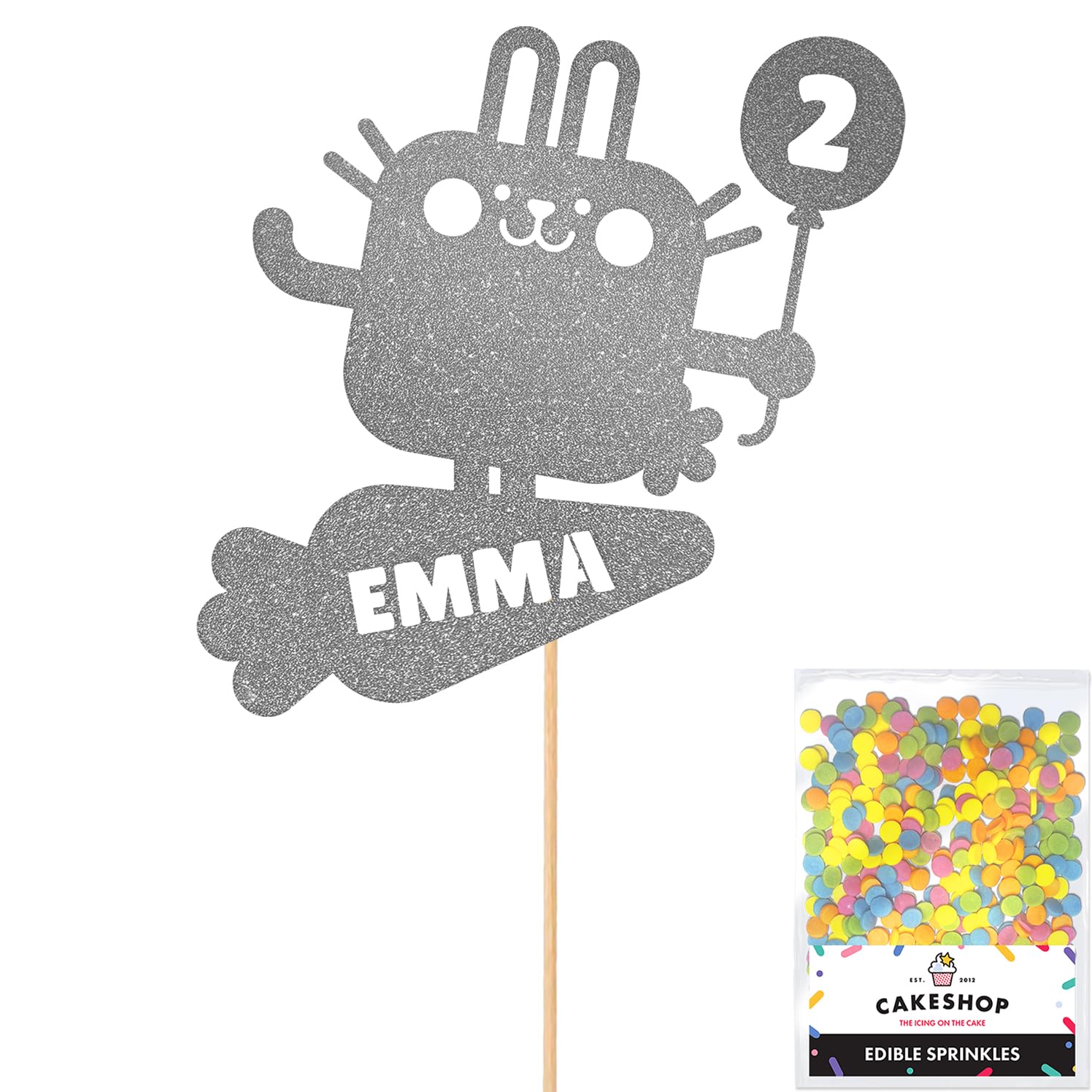 Personalised Pet Bunny Rabbit Glitter Cake Topper Dk Silver Any Custom Age & Name Glitter Cake Decoration and Sprinkles - Happy Birthday Decorations - Personalised Toppers for Cakes by Cakeshop — image 1