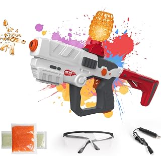Gel Ball Blaster Full Auto & 10,000 Orange Round,3,000 Glow in The Dark Water Beads, Hopper, Rechargeable, Eyewear, Splatter Blaster for Adults, Teen, Kids Boys Girls Ages 9 & Up