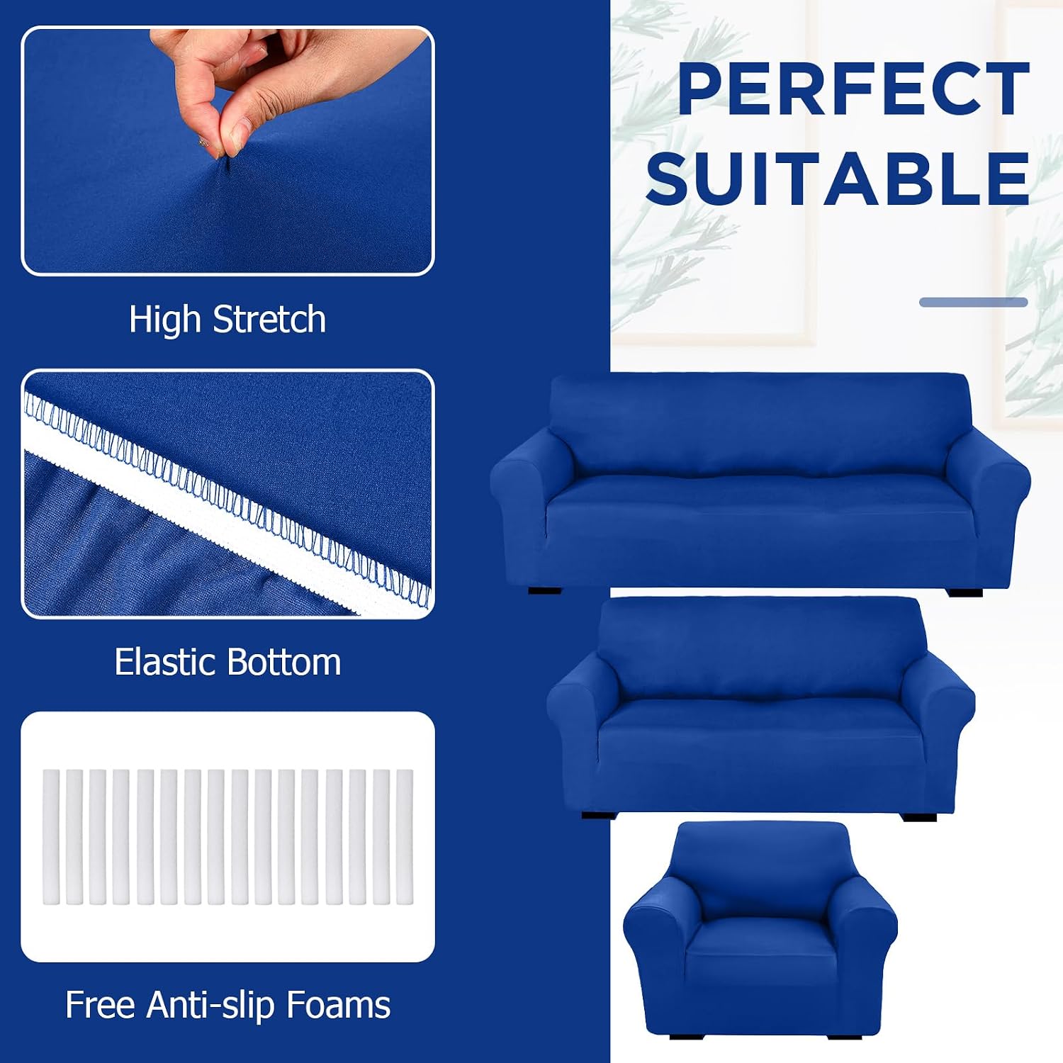 Peryiter 3 Pcs Couch and Loveseat Covers Set Sofa Cover for Couch Sofa Slipcover for Living Room Arm Chair Furniture Protector(Classic Blue,Milk Silk Spandex)