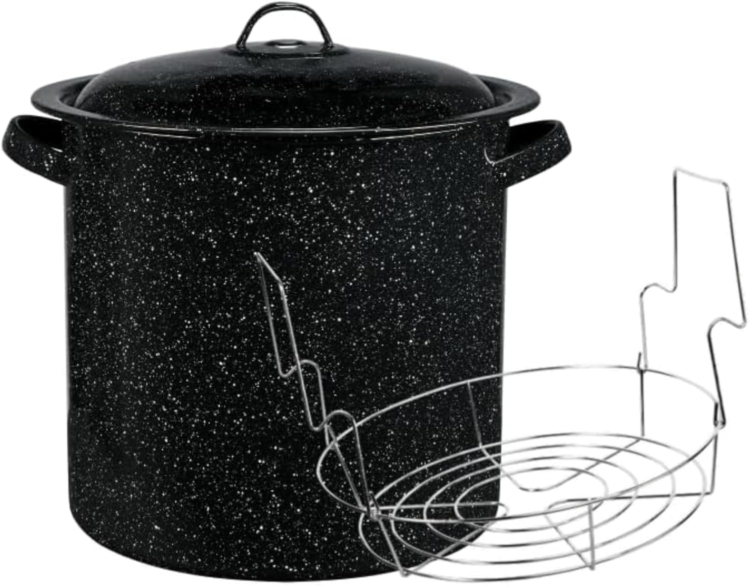granite ware water bath canner with collapsible jar rack, 8 quarts - durable enamel steel pot for efficient canning & cooking, non-stick surface - safe for gas & electric stovetops (speckled black)