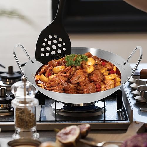 Miniatura 2 de STOBOK Juego de utensilios de cocina con revestimiento hexagonal de 10.2 in de doble mango, wok de acero inoxidable, sartén de gran capacidad,